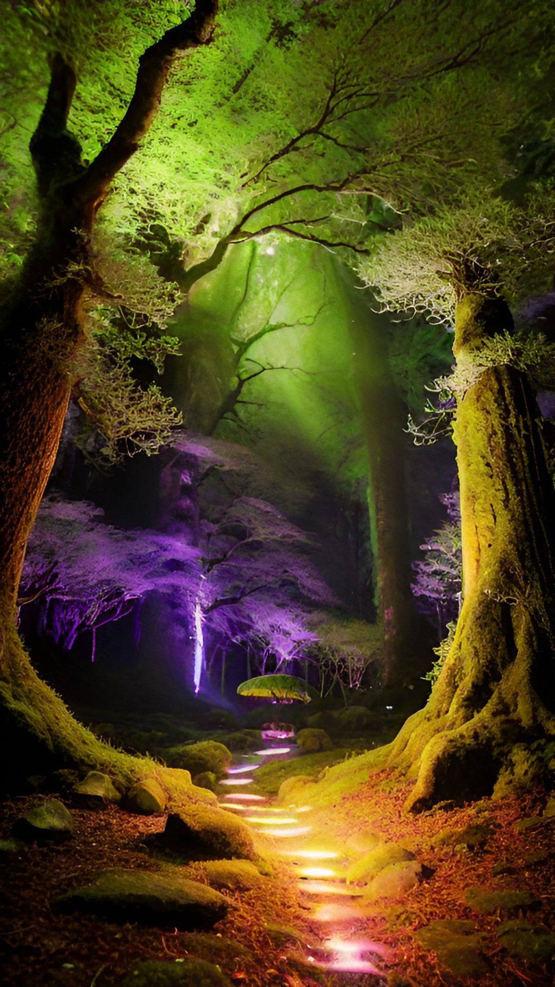 fairy forest - a magical fairy forest, illuminated by a million twinkling fireflies, filled with blooming fluorescent flowers and towering ancient trees covered in iridescent moss and mushrooms. in the middle ground, there’s a clearing with a faire circle made of stones. preview