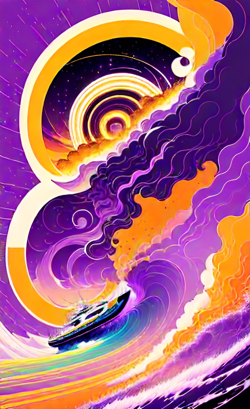 purple - light tornado in poster art symmetrical soft white yellow orange over an ocean purple plannet preview