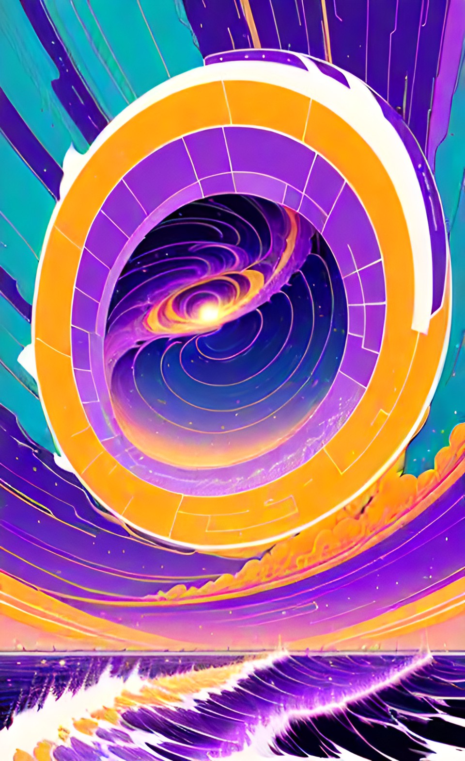 space rip - light tornado in poster art symmetrical soft white yellow orange over an ocean purple plannet preview