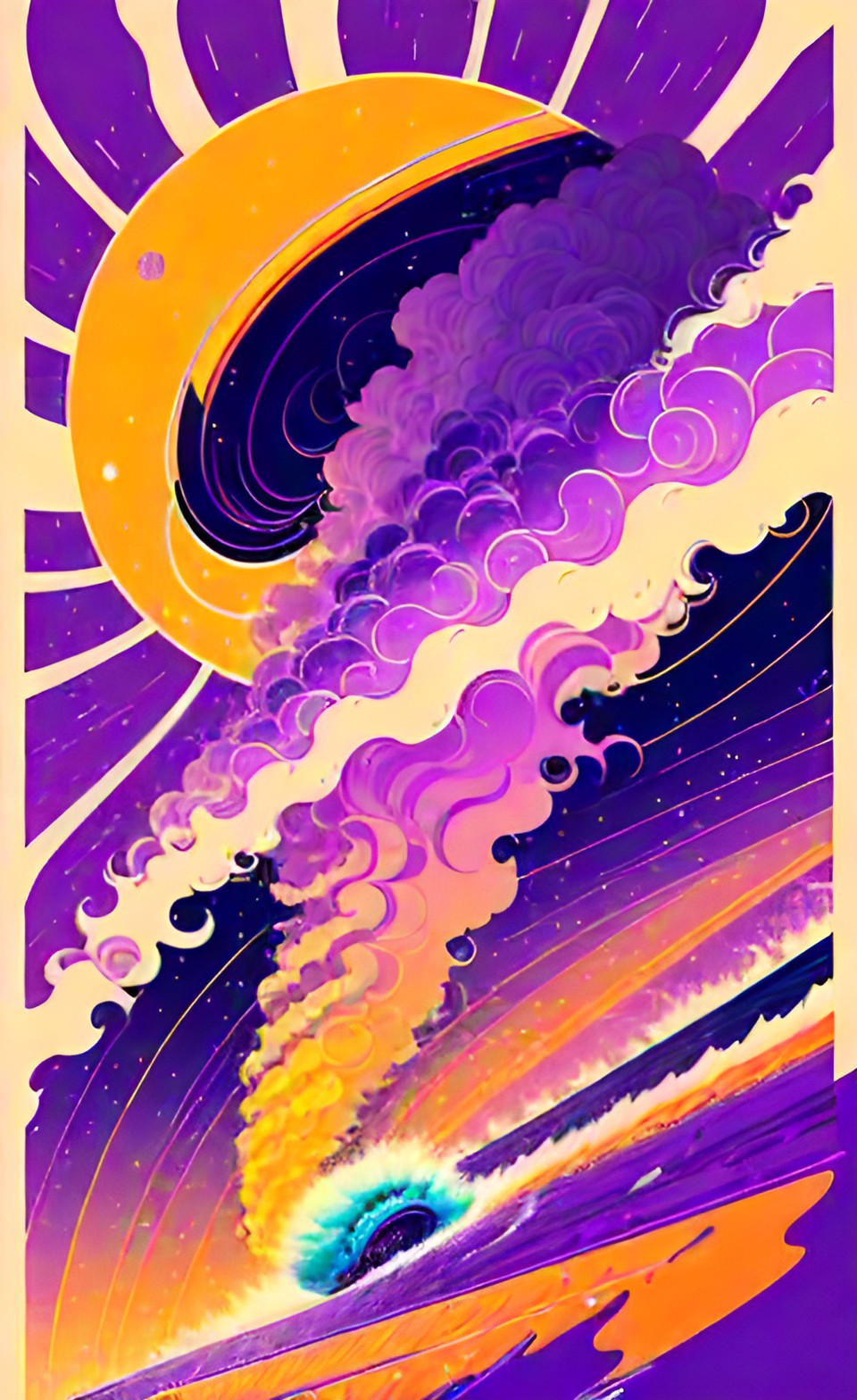 light tornado in poster art symmetrical soft white yellow orange over an ocean purple plannet preview