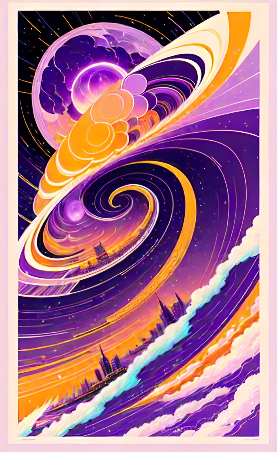 light tornado in poster art symmetrical soft white yellow orange over an ocean purple planet preview