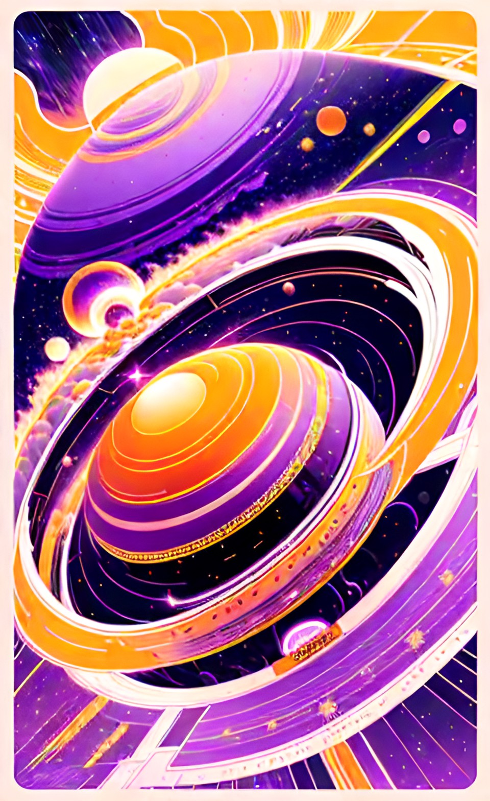 earths - light tornado in poster art symmetrical soft white yellow orange over an ocean purple planet astroids preview