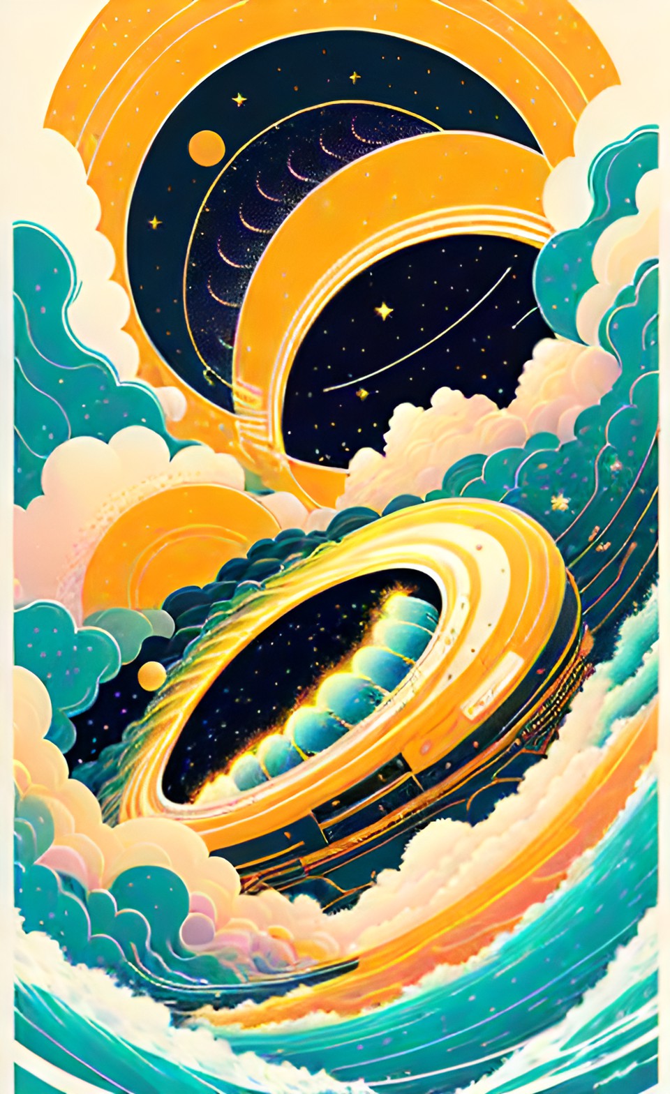 light tornado in poster art symmetrical soft white yellow orange over an ocean asteroids fish swimming in sky preview