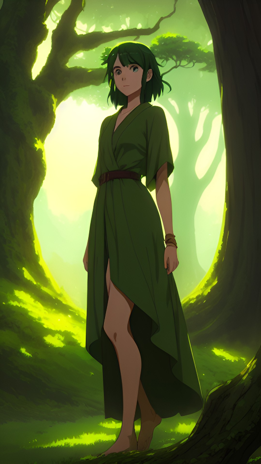 a 12 we are old with green eyes just let me try to make this green  dryad wearing a loose robe melting into the trunk of a tree preview