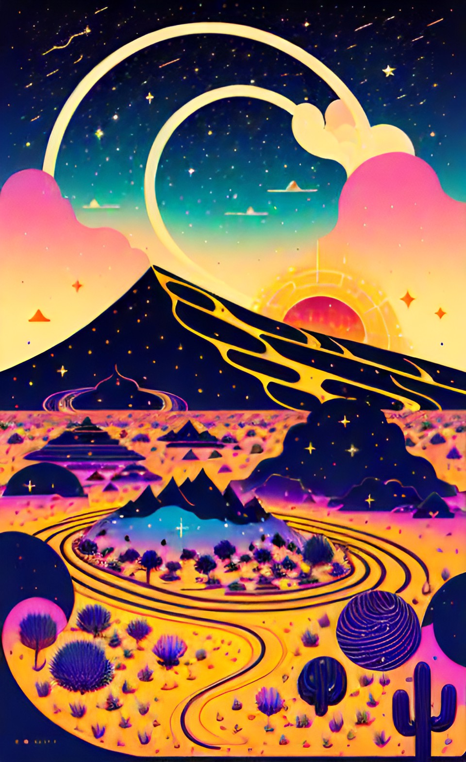 desert 6 - taking lsd in the desert, with fire swirls in the night sky, poster art preview