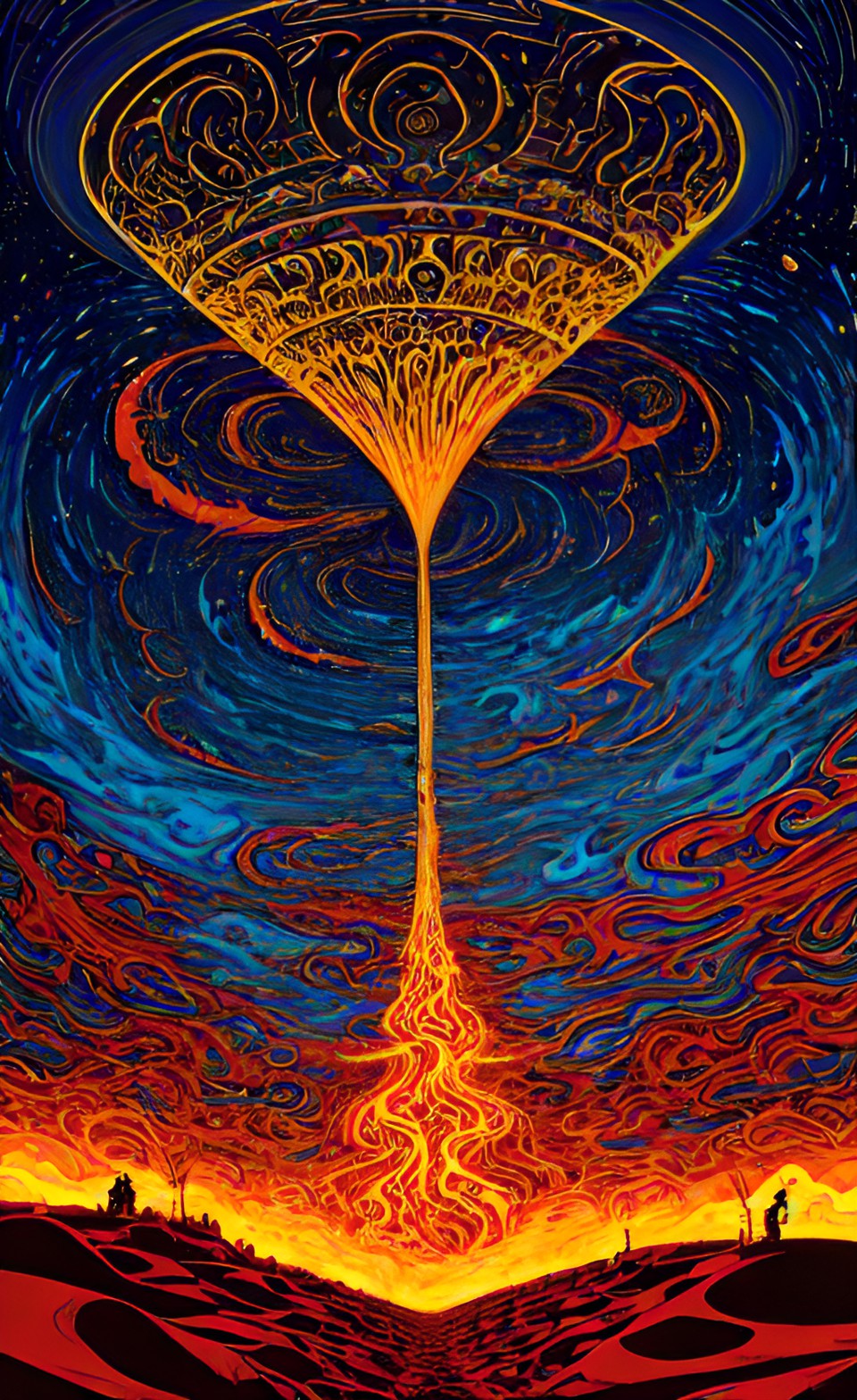 fire funnel - taking lsd in the desert, with fire swirls in the night sky, poster art preview