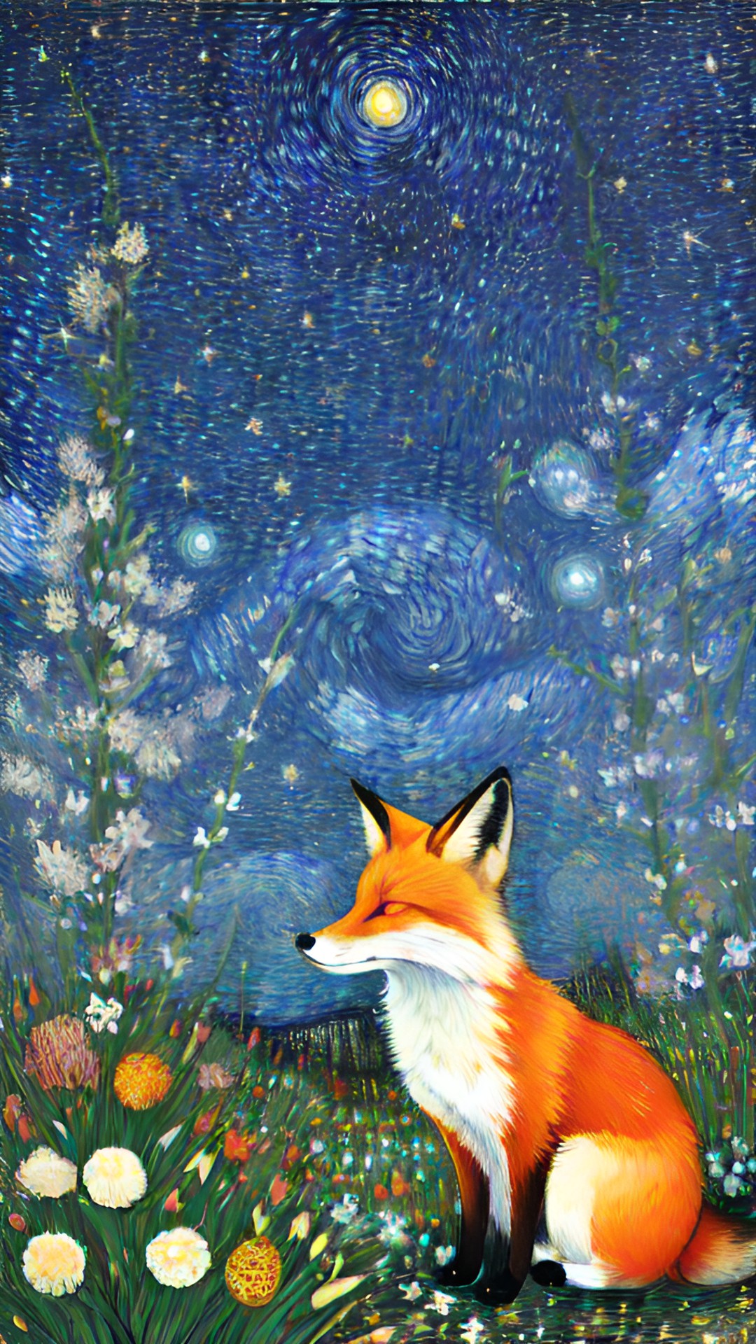 a fox surrounded by tall foxgloves, starry night, van gogh , rachel ruysch preview