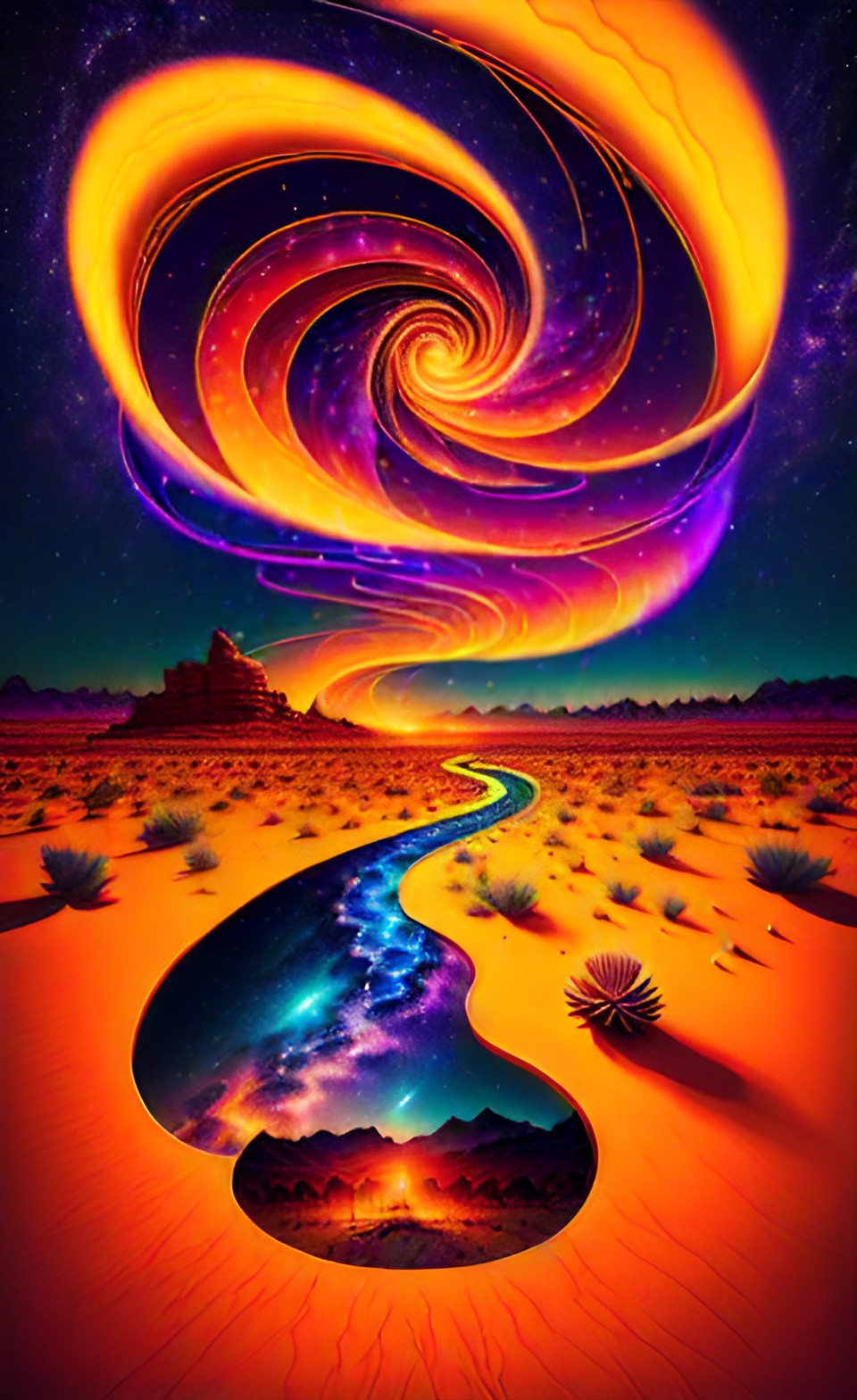 desert 7 - taking lsd in the desert, with fire swirls in the night sky, poster art preview