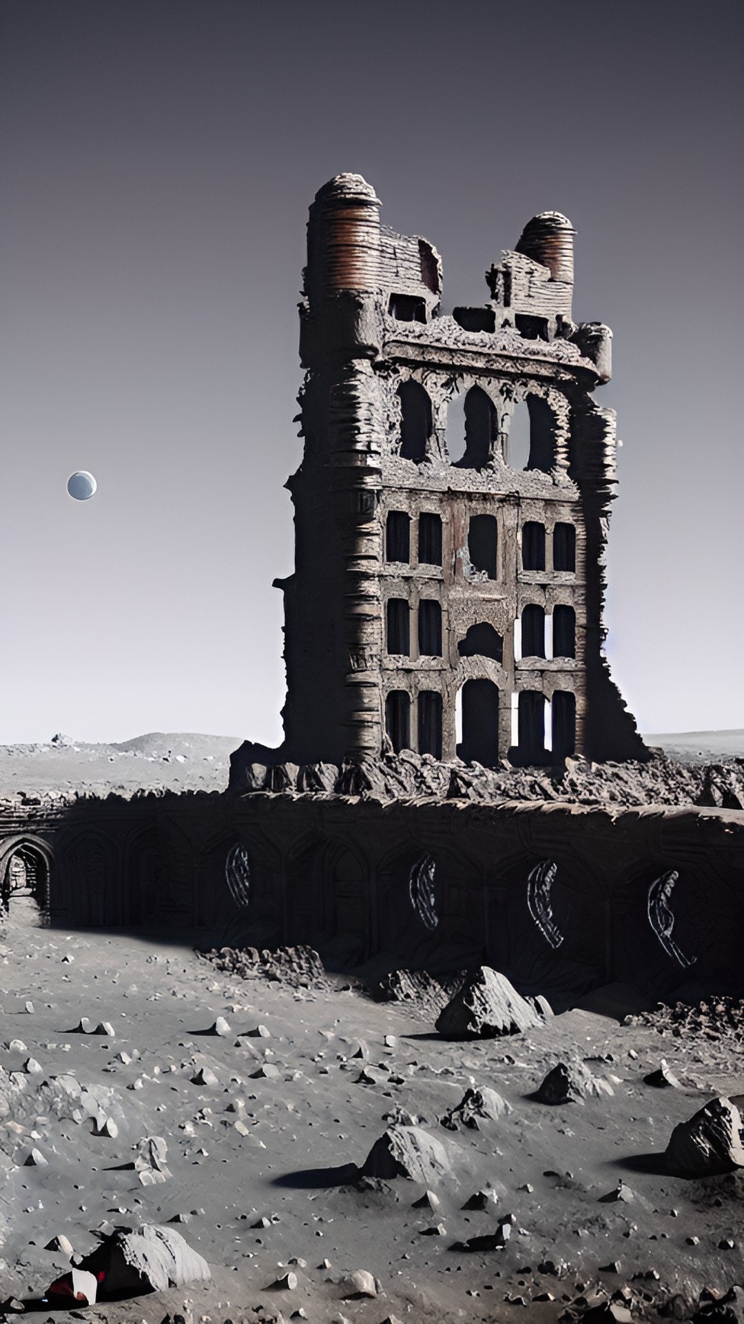 ruined castle on the surface of the moon. preview