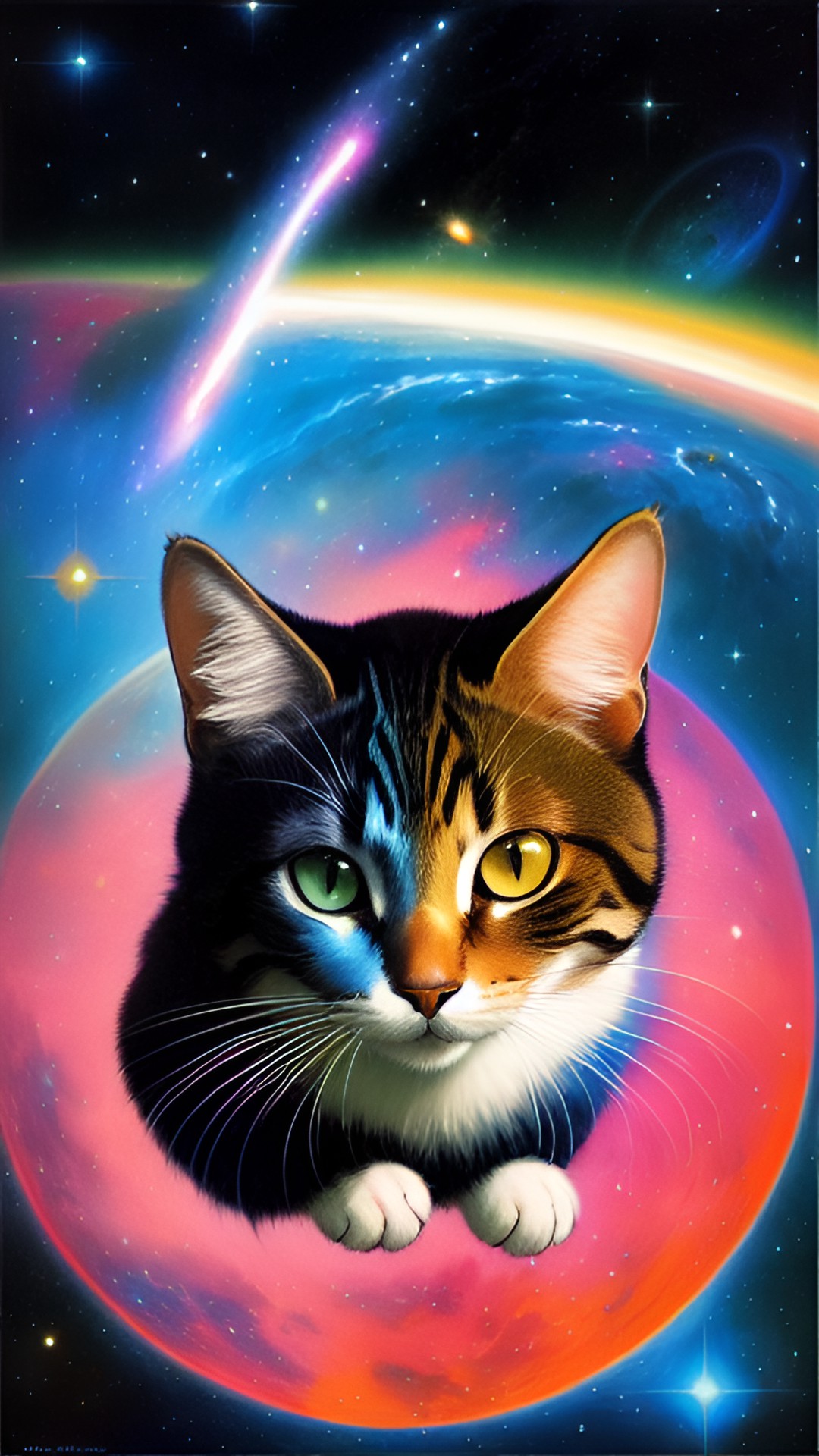 Galaxy Cat - cat soaring through a nebula with stars swirling through wormholes and the milky way galaxy in the background preview