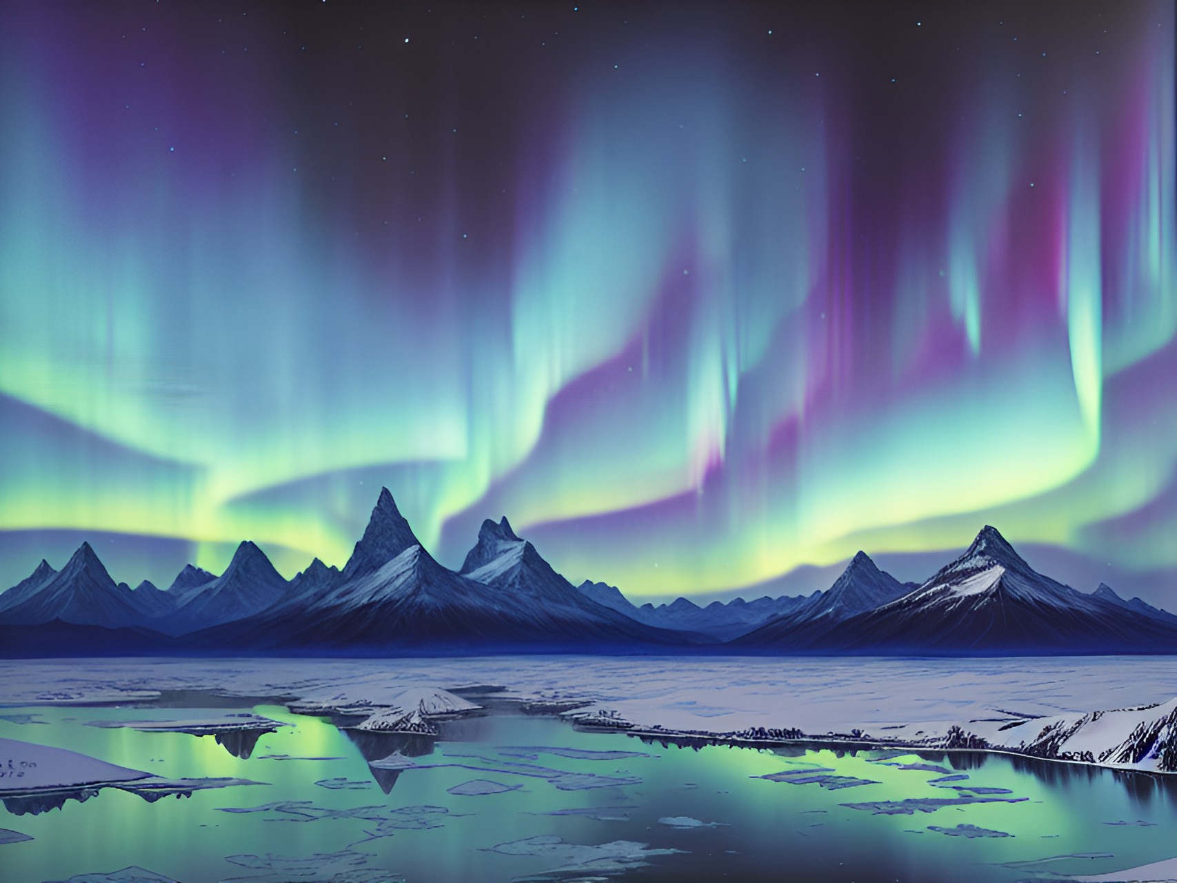 glowing aurora borealis over a frozen lake, with towering mountains in the distance, ethereal, magical, winter landscape, high detail preview