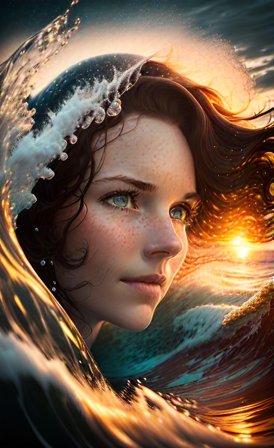 womans face in ocean wave, sunset preview