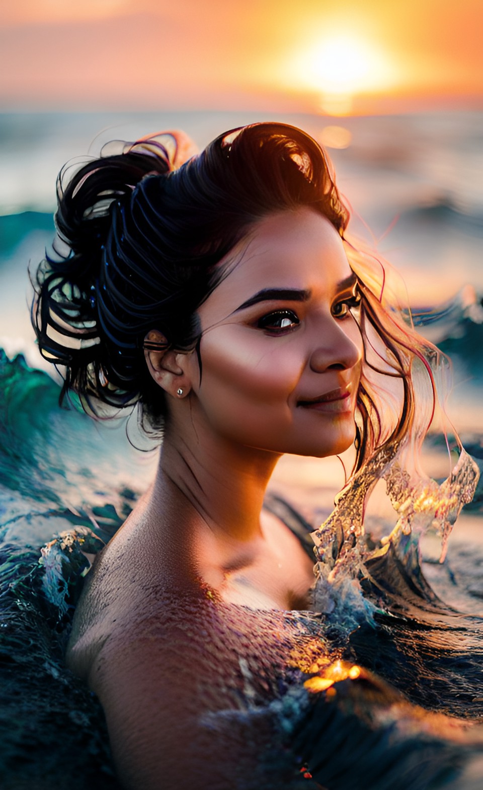 womans face in ocean wave, sunset preview