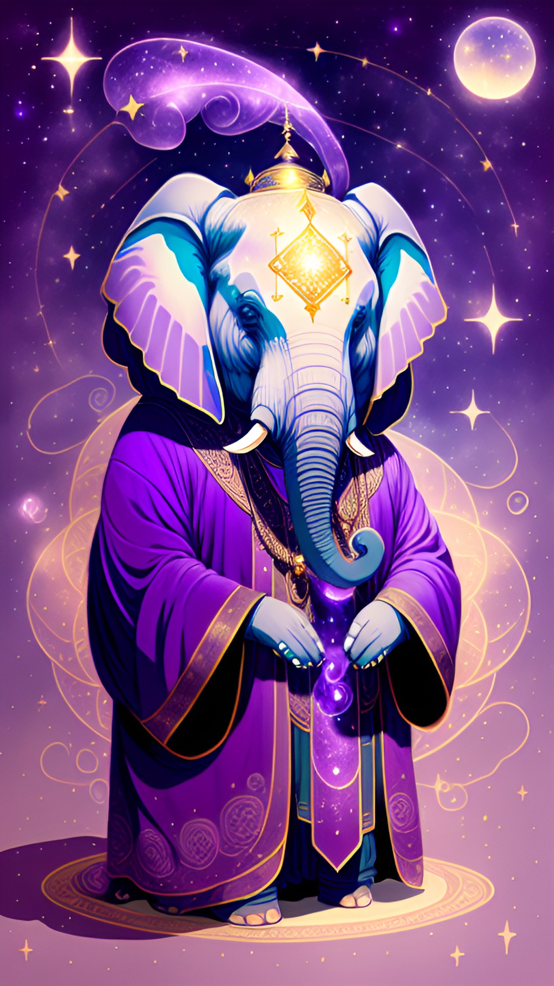 elephant wizard  - a majestic elephant wizard, adorned in a flowing purple robe, holding a sparkling wand with glowing constellations swirling around it. its wise eyes convey an aura of ancient magic preview