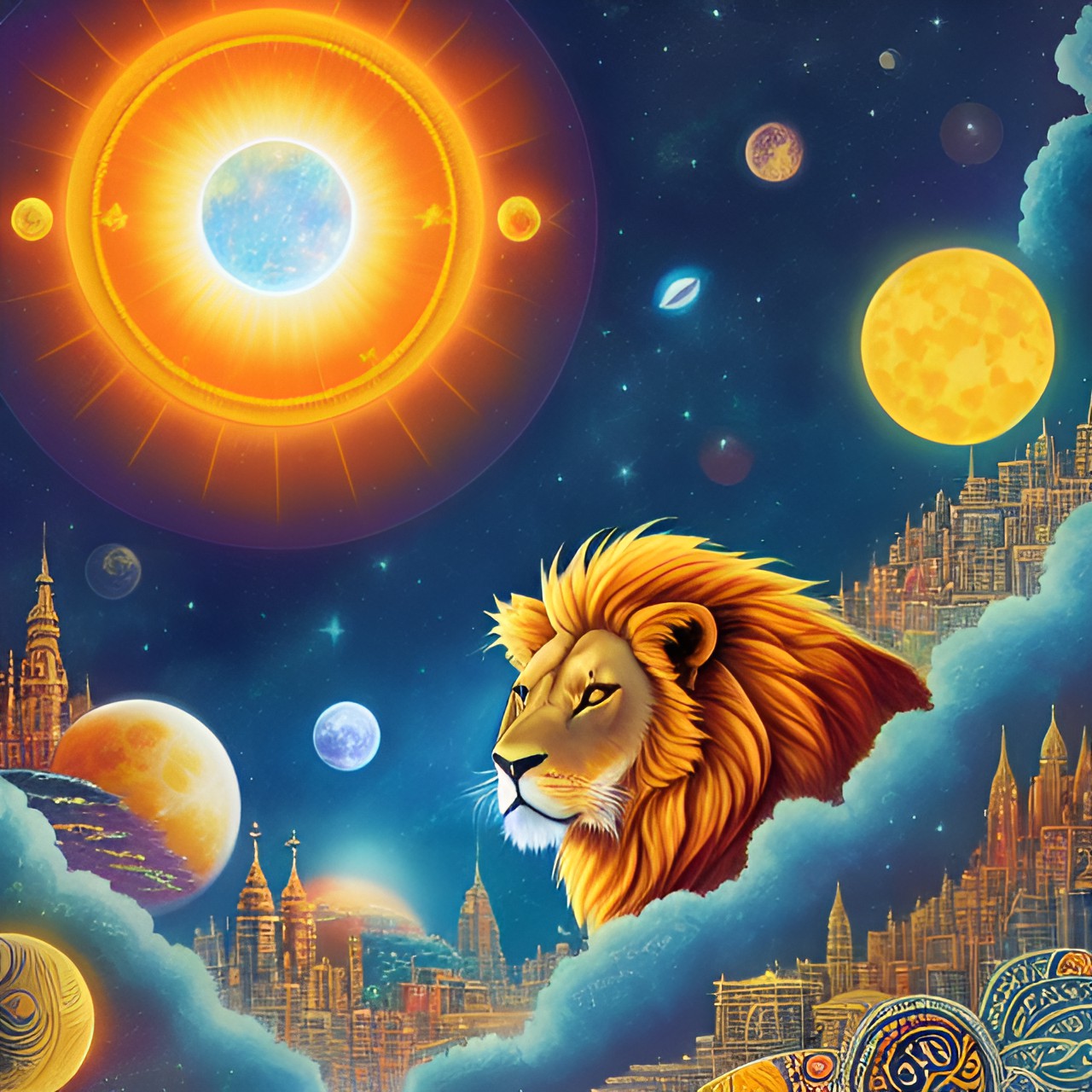 lion watching over a floating space city with multiple suns and moons. use a paisley print for the texture and pattern preview