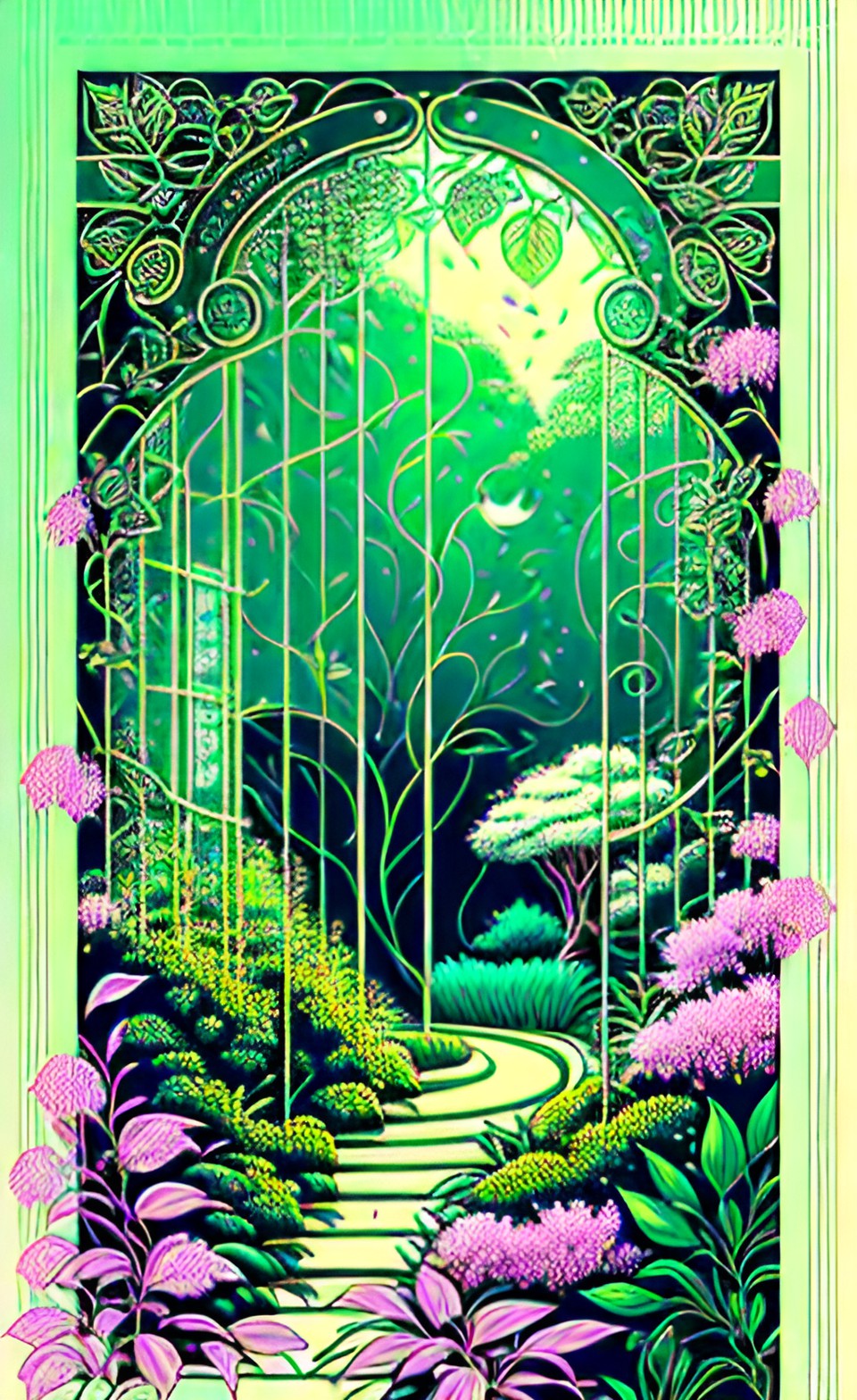 hidden garden 3 - hidden garden on a soft green background with vines on the borders in a poster art preview