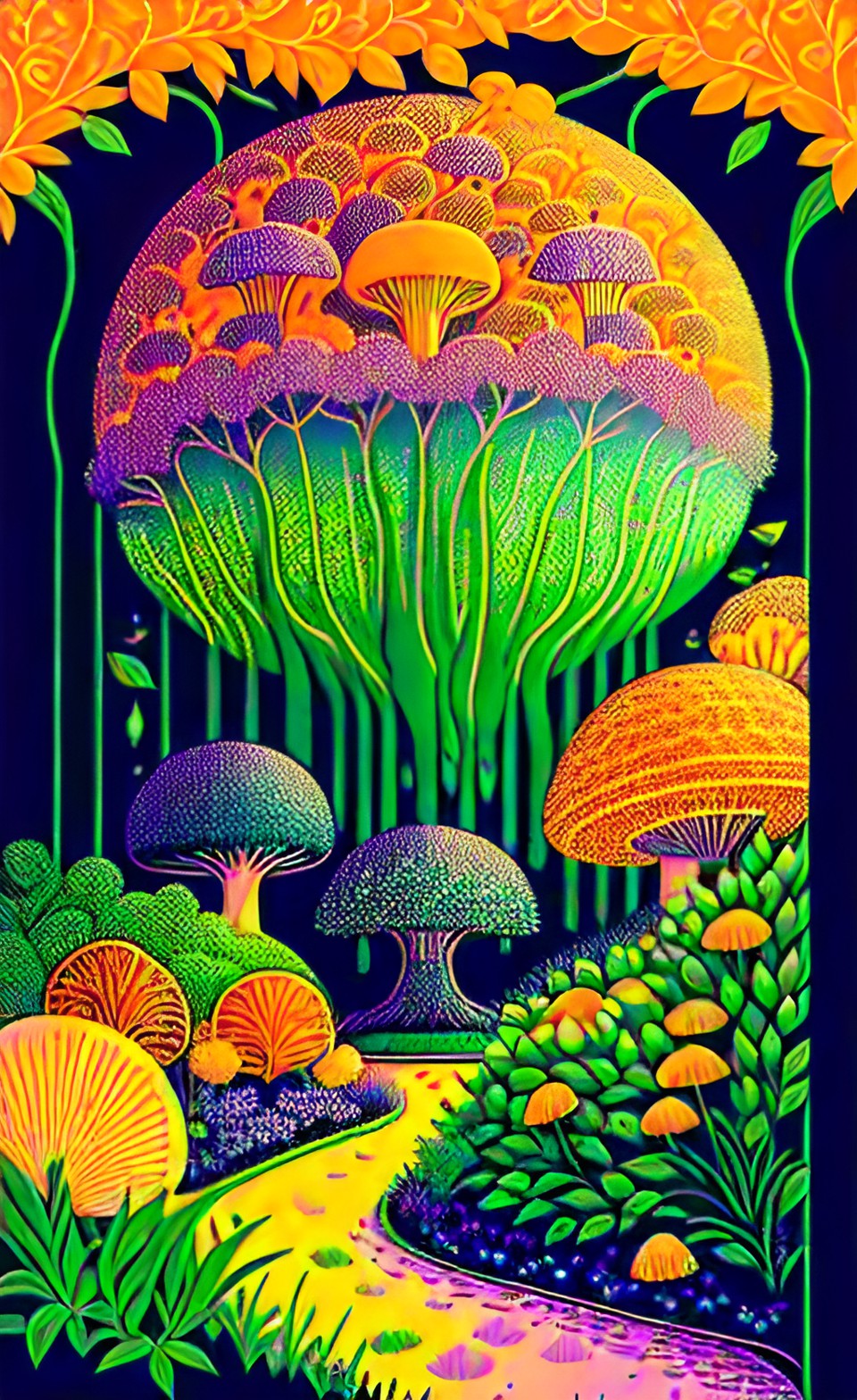 mushroom time - hidden garden on a soft green background with vines on the borders and small orange mushrooms in a poster art preview