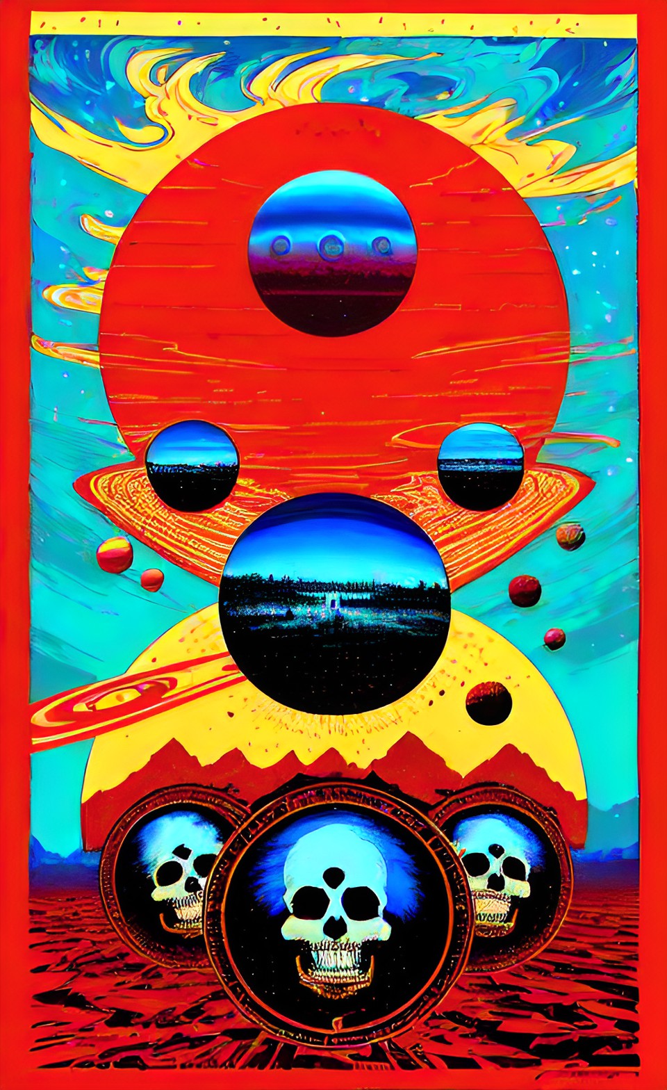 skulls - 5 skeletons in the desert dancing poster art red and sky blue with huge sun and planets with rings around them preview