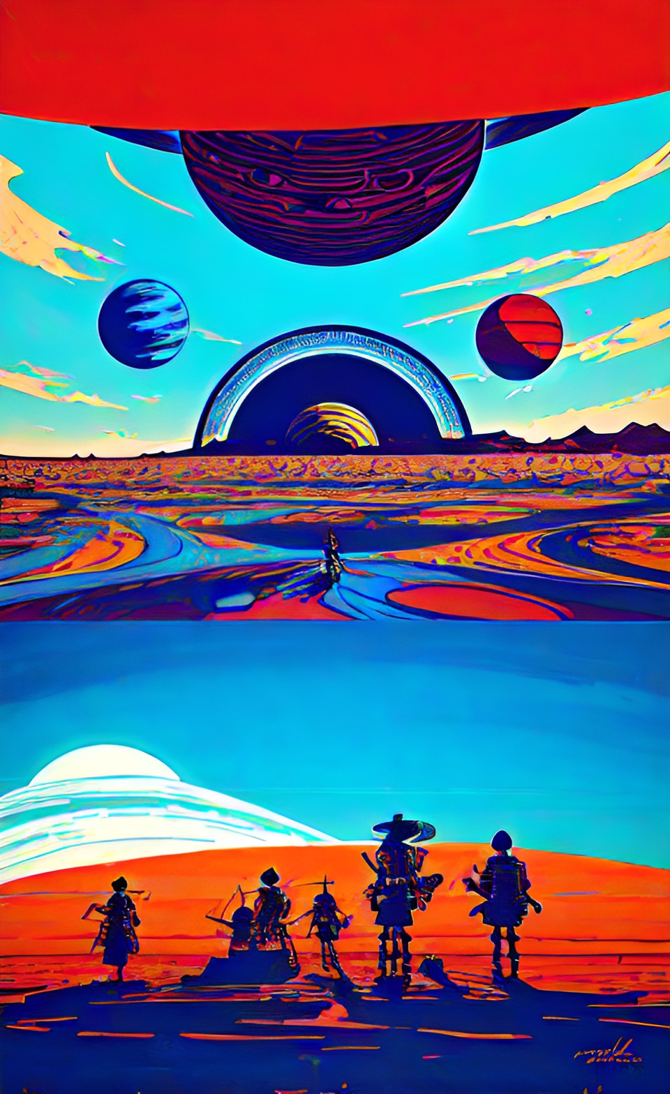 skulls again - 5 skeletons in the desert dancing poster art red and sky blue with huge sun and planets with rings around them preview