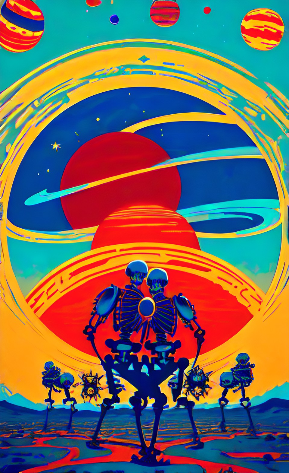 skulls 4 - 5 skeletons in the desert dancing poster art red and sky blue with huge sun and planets with rings around them preview