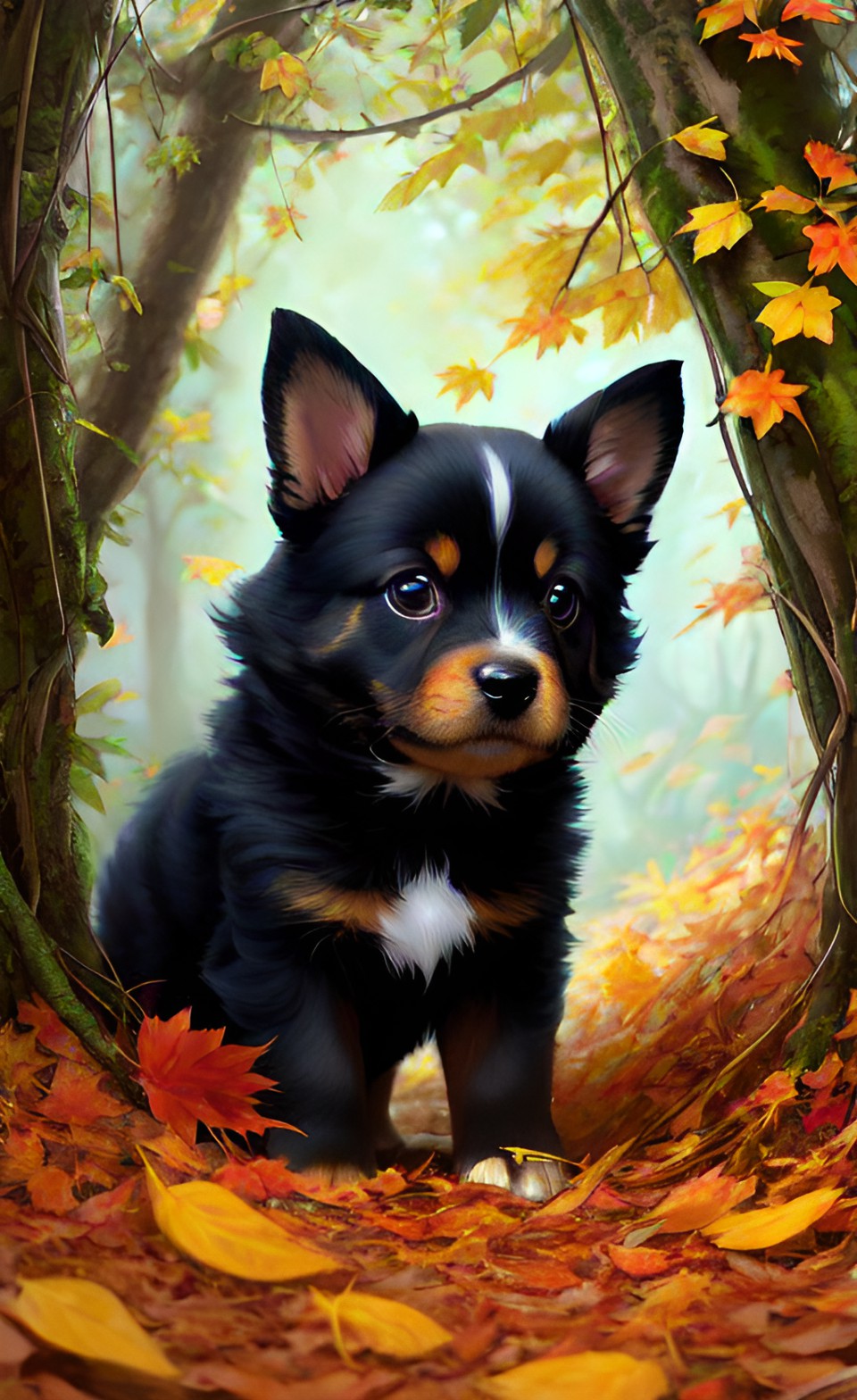 puppy in hiding inside the leaves, in the style of oliver wetter, bess hamiti, mark keathley, concept art, group material, 1970–present, 32k uhd —ar 2:3 —s 250 preview