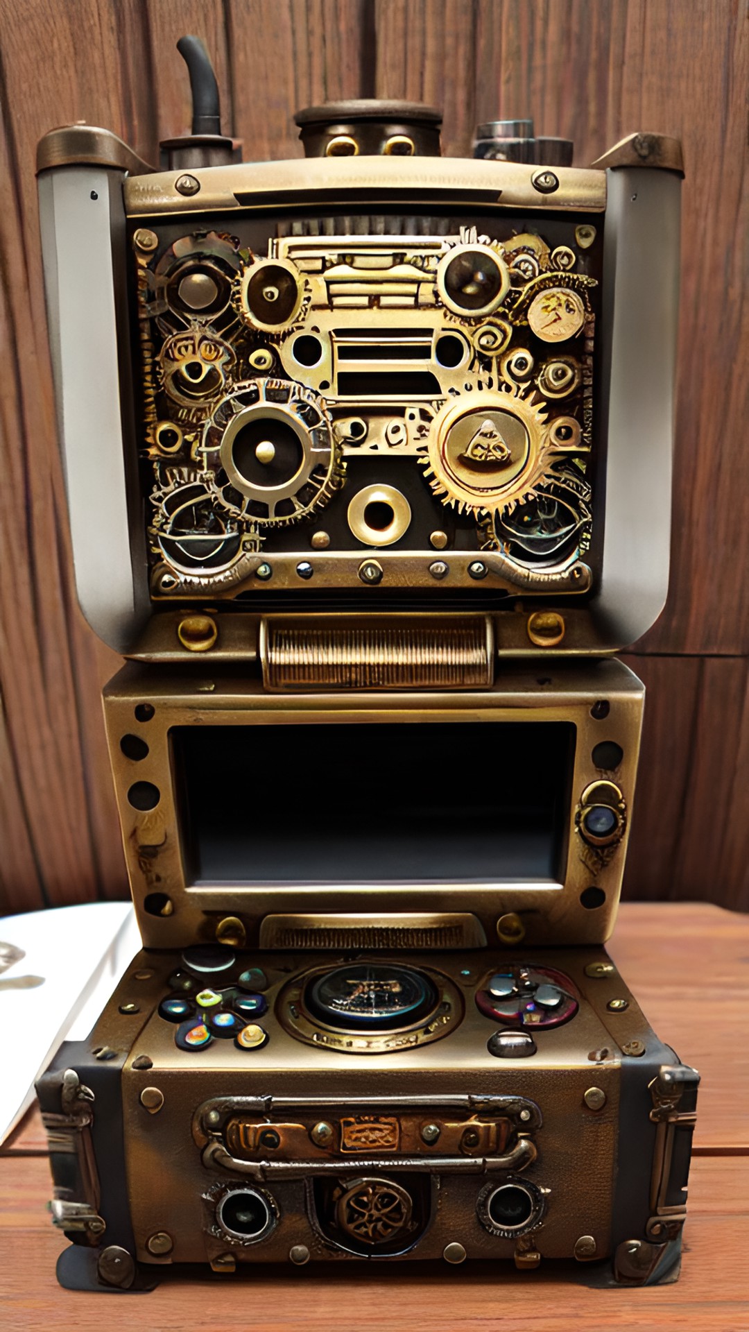 consola de videojuegos estilo steampunk - estilo steampunk para una consola de videojuegos con engranajes y tuberías expuestas en un acabado de bronce antiguo. perfecto para los amantes del vintage y preview