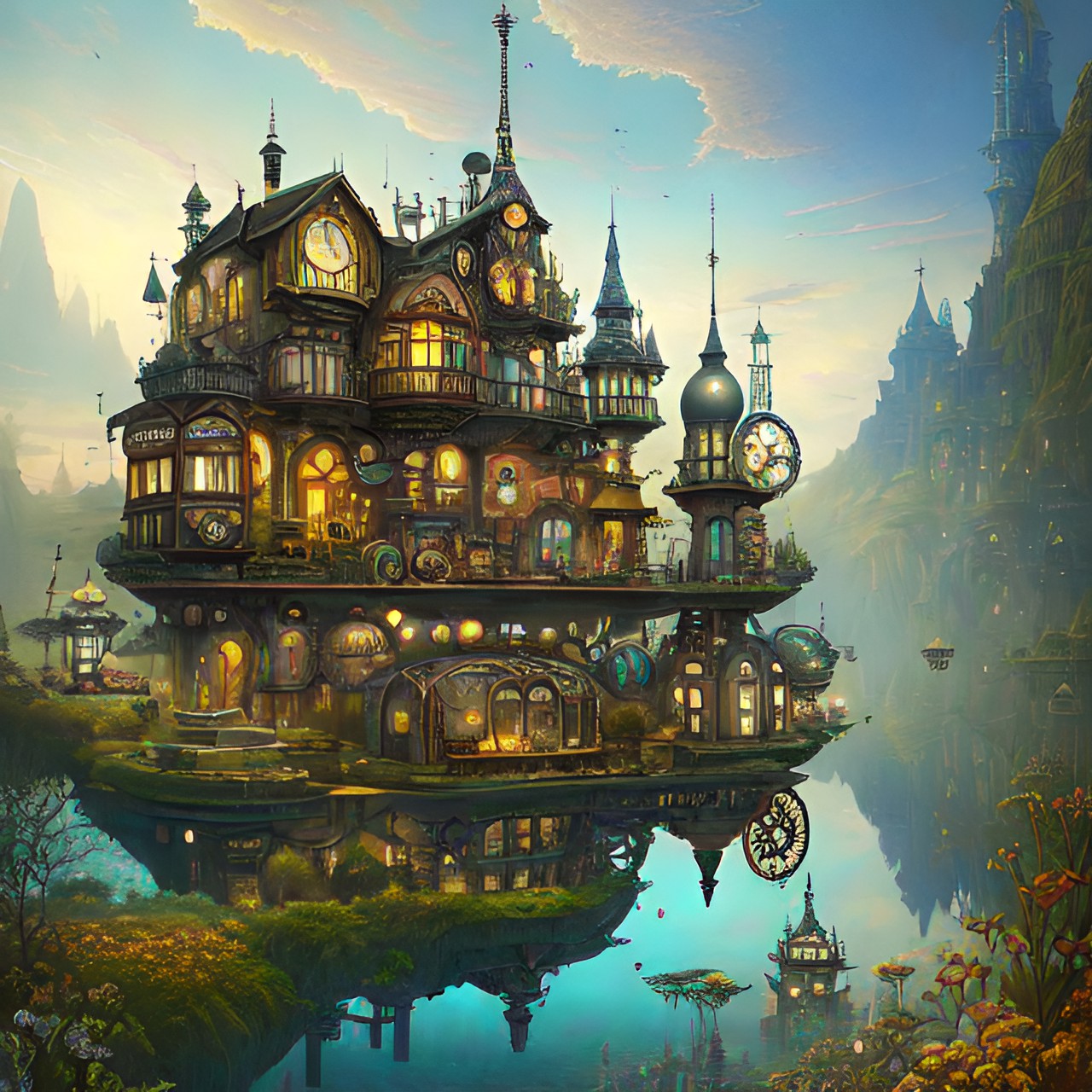 a small surreal home built in the middle of a lake in a strange surreal land, reference jacek yerka, immaculate surreal landscape, highly detailed, unreal digital illustration in the style of jacek yerka, muted colors preview