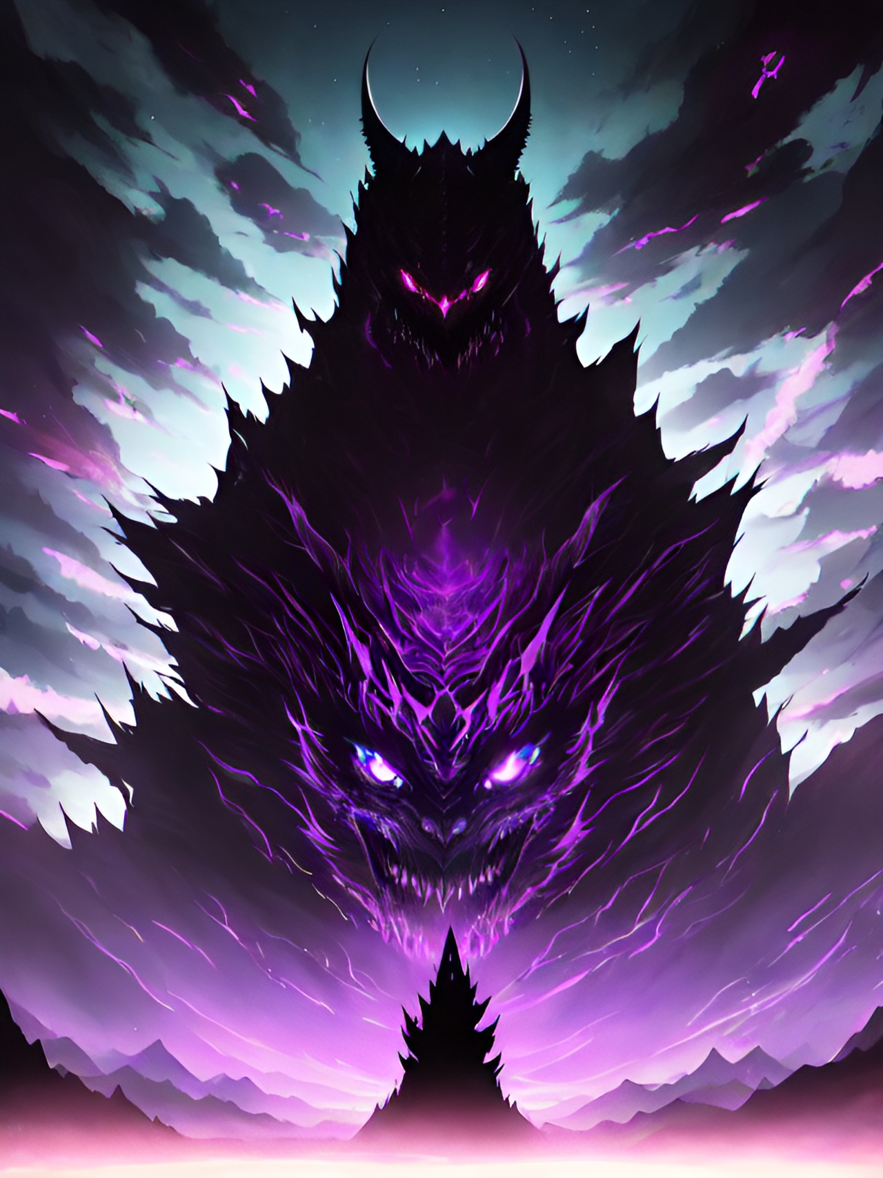 monster born of the void  - a towering, ferocious monster with horns, sharp fangs, and a body made of swirling darkness emerges from a black abyss, glowing with eerie purple energy. its eyes are glowi preview