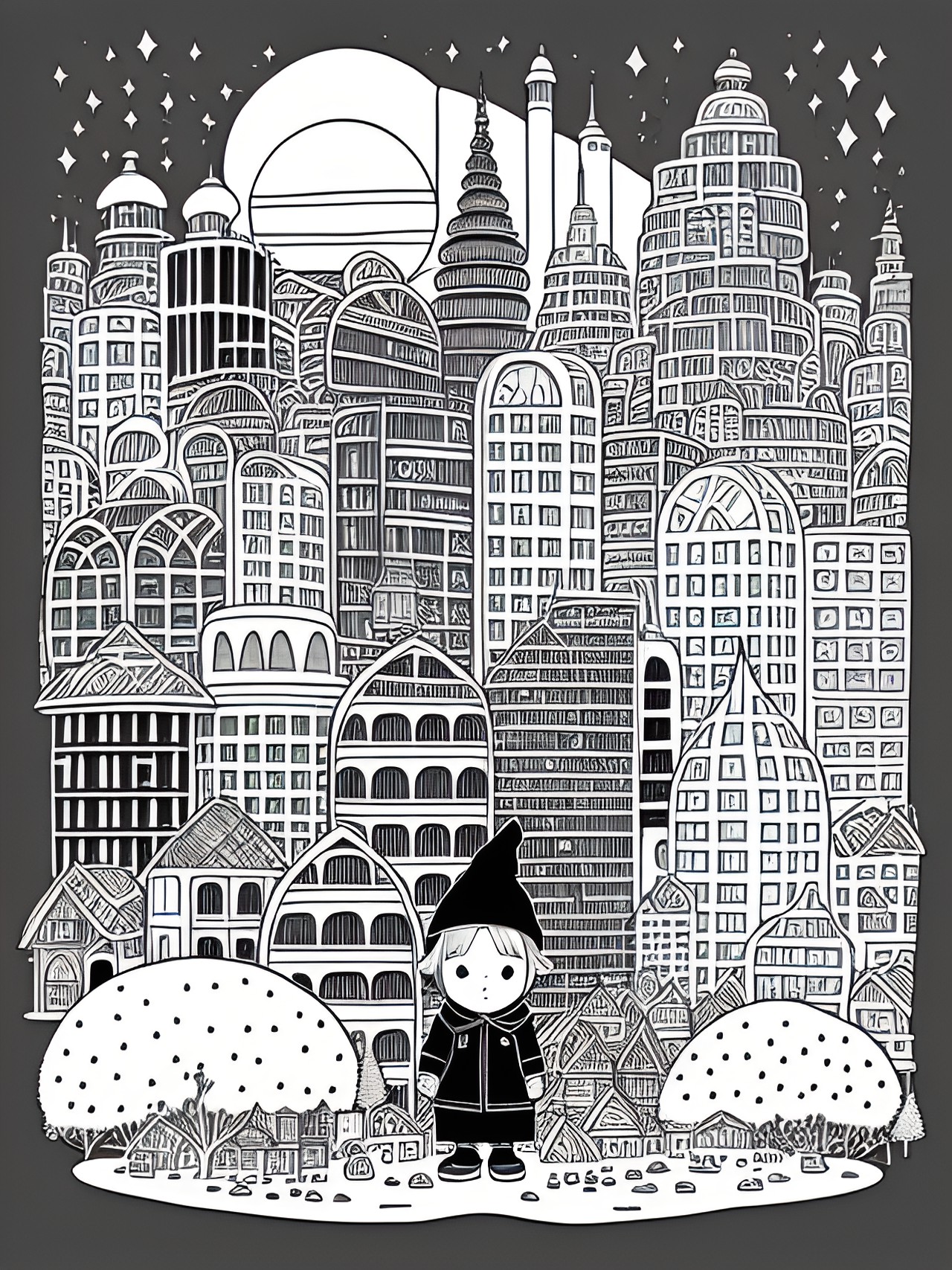 black and white coloring page gnome city preview