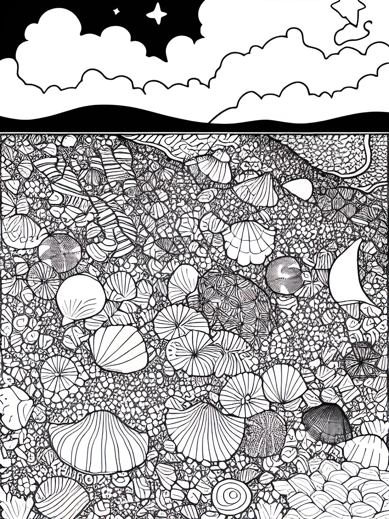 black and white coloring page seashells on the sea shore preview