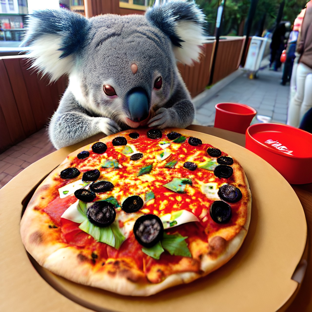 a koala eating a pizza sushi spaghetti in a german city preview