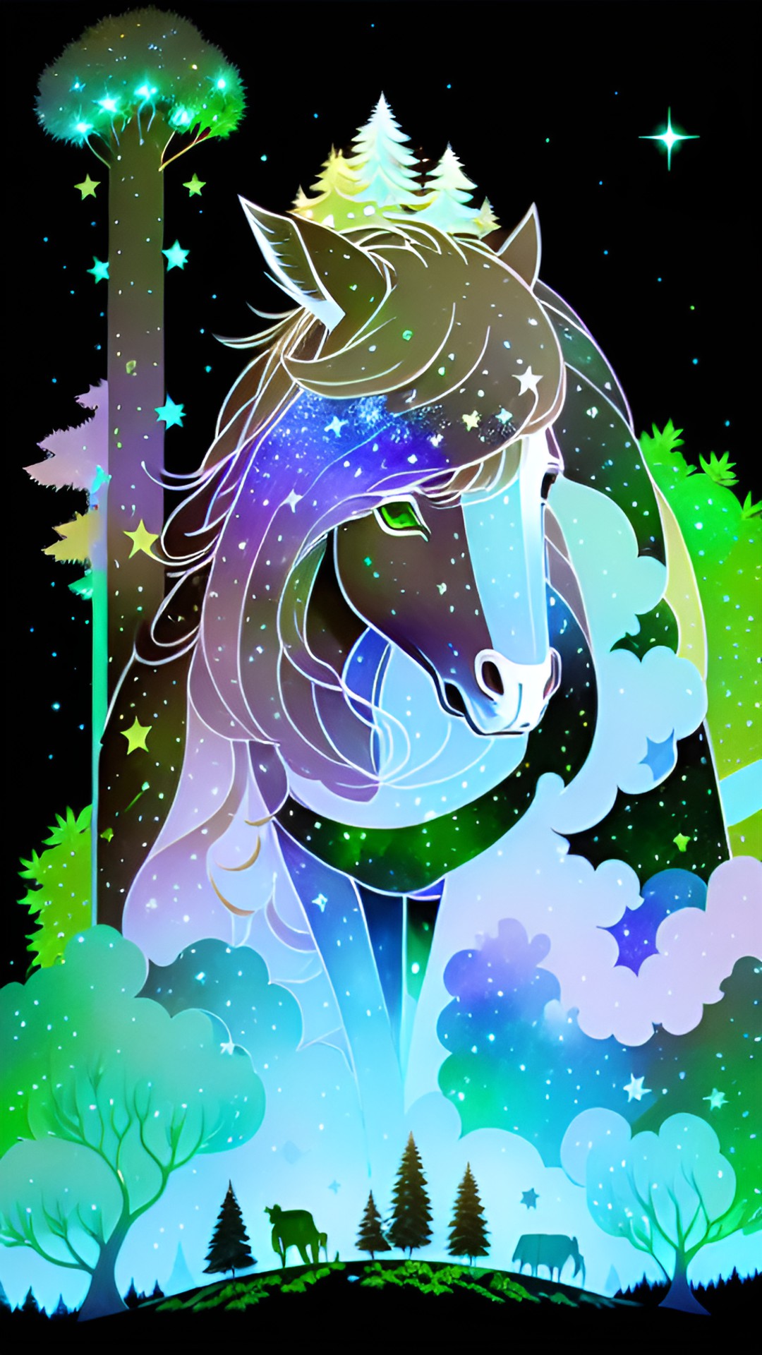 light brown galaxy pegasus, star, bright lighting, green trees preview