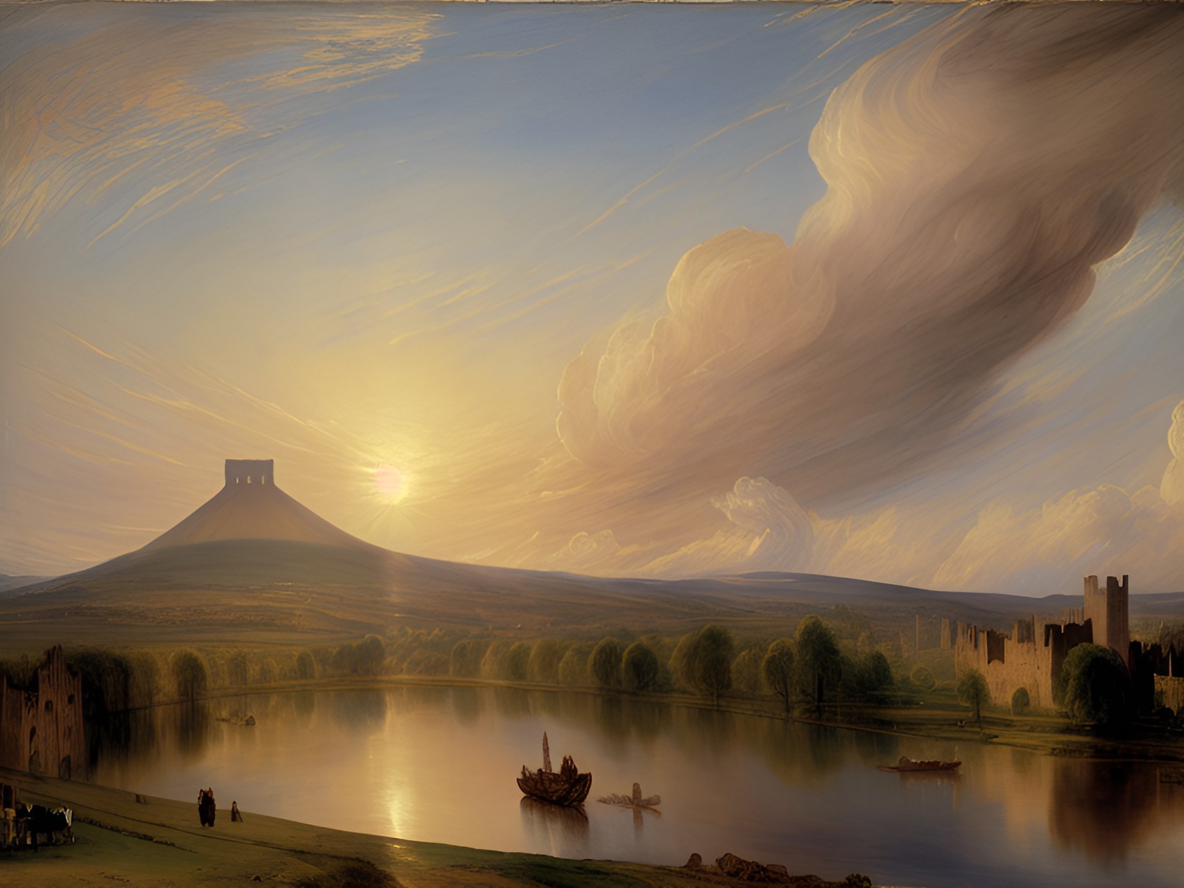 merger of:
"norham castle, sunrise" by j.m.w. turner
"the white horse" by john constable
"the eruption of vesuvius" by pierre-jacques volaire
"the windmill at wijk bij duurstede" by jacob van ruisdael
"mountain landscape" by aelbert cuyp
"view of haarlem with bleaching grounds" by jacob van ruisdael preview