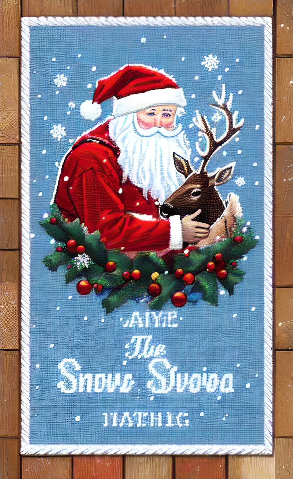 text "jule suffer" exact wording, bloody snow, blue background needlepoint colorfulsanta dead, reign deer eating santa in the snow, detailed, preview