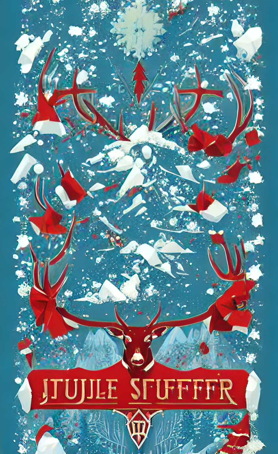 text "jule suffer" exact wording, bloody snow, blue background needlepoint, reign deer eating santa in the snow, detailed, preview