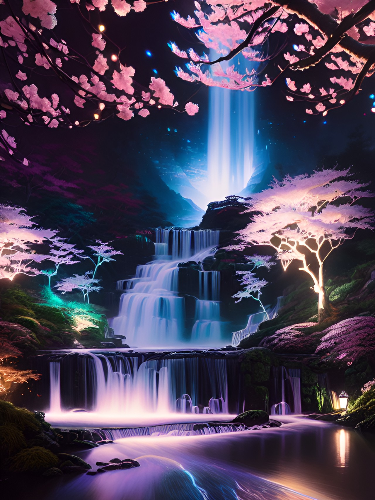 cherry blossom waterfall, night, fairy lights. preview