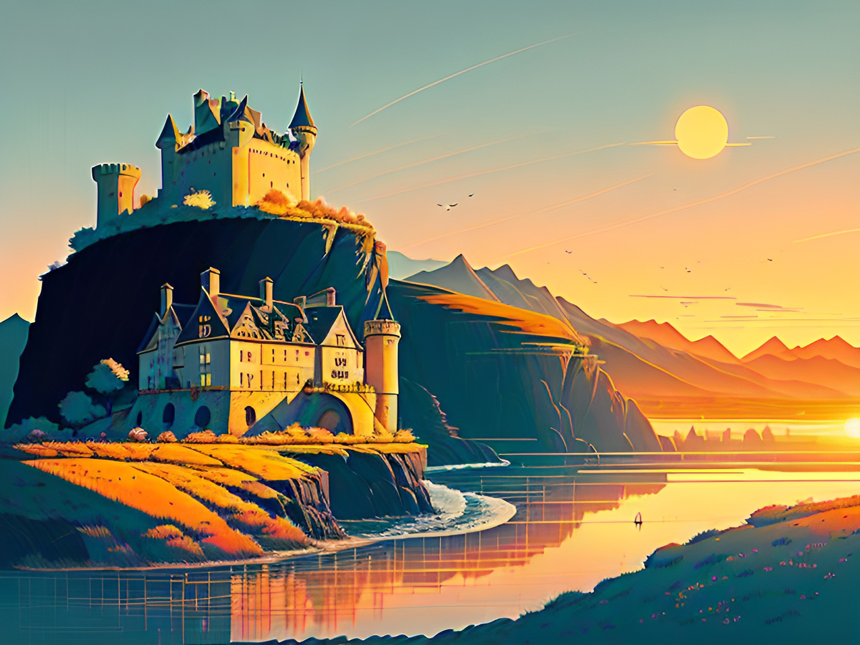 a serene sunrise over a castle, with a windmill. majestic cliffs, meandering river, and distant mountains. cascading watermill, dramatic chalk cliffs, sublime gorges. golden sunset, charging figure in an apocalyptic landscape, ethereal glow. preview