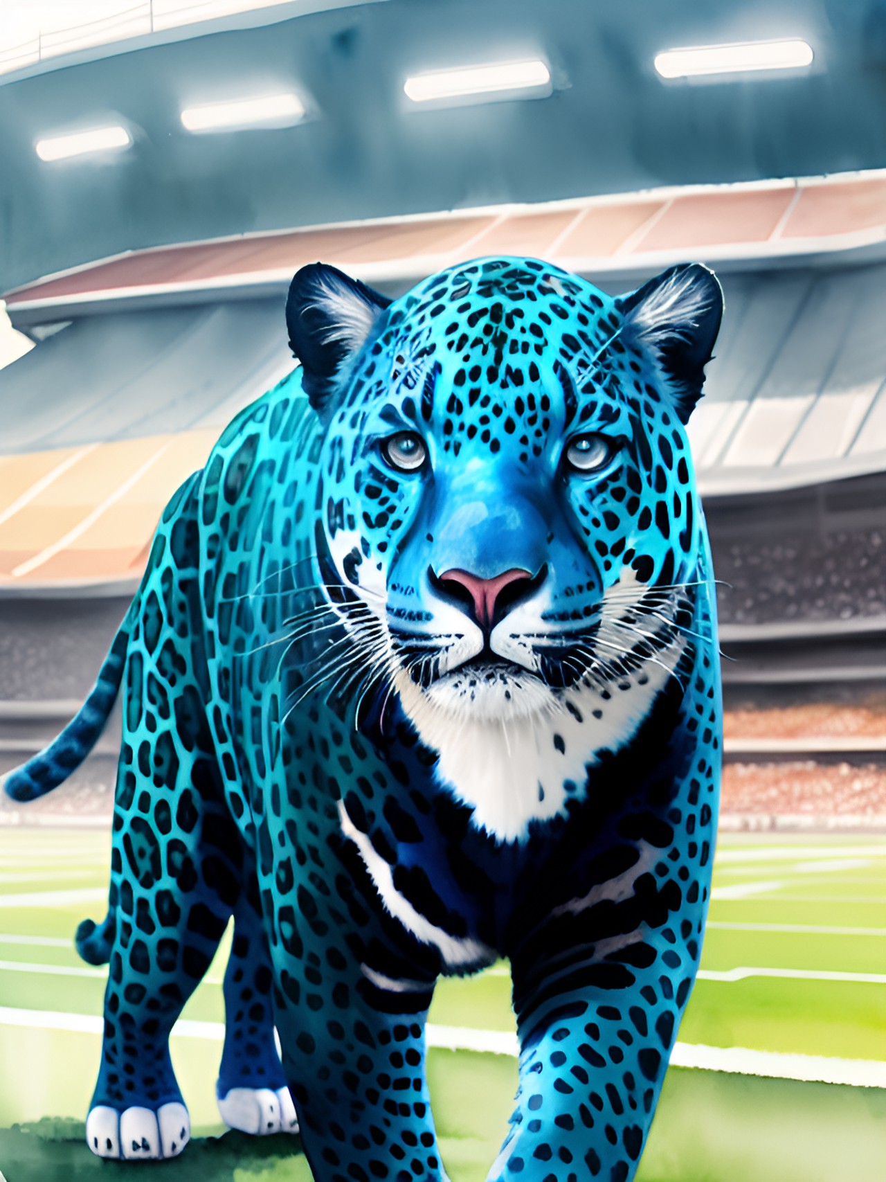 a navy blue jaguar animal inside a football stadium preview