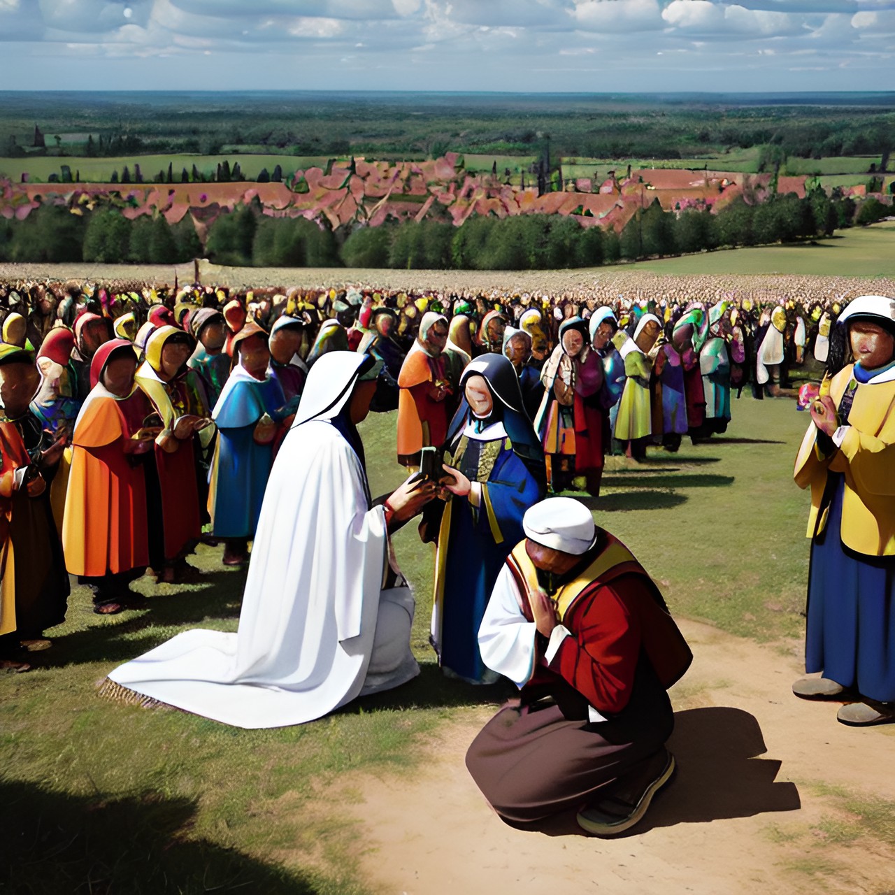 peasants kneel and pray to a large smartphone preview