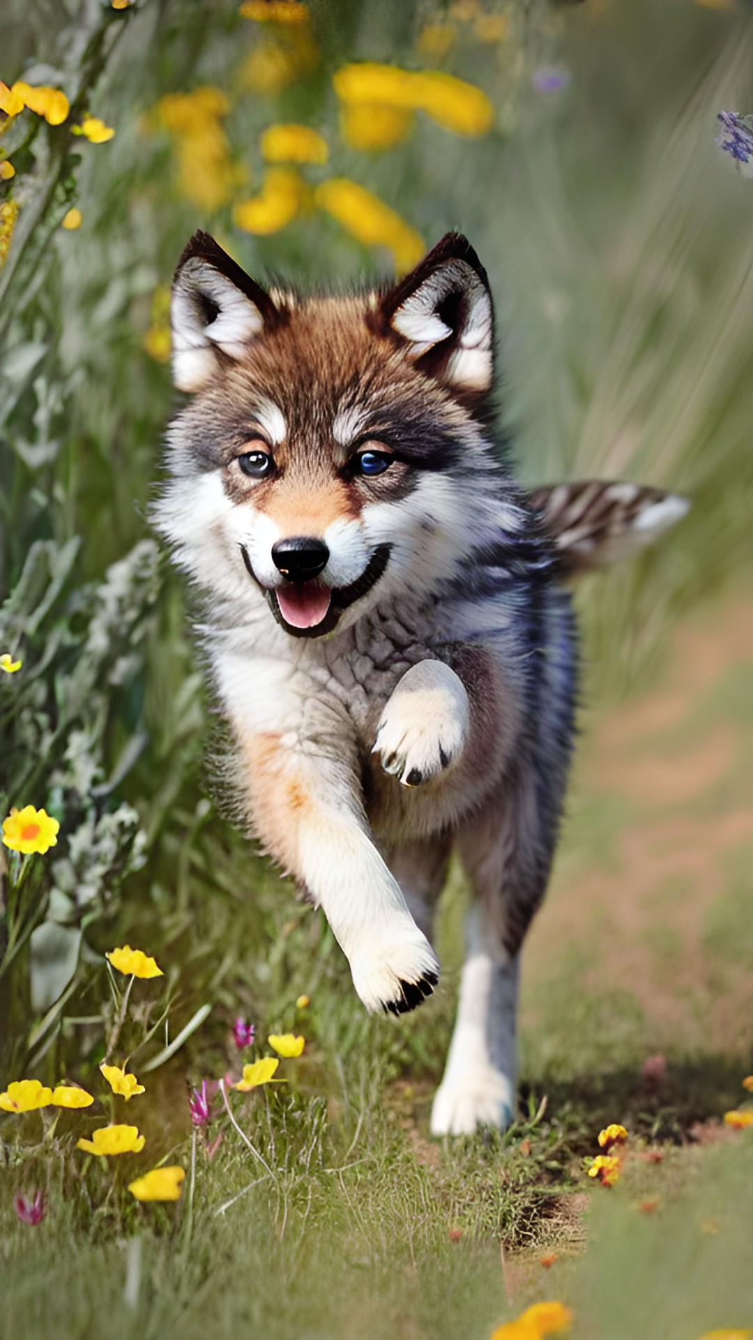 Running cutness - cute baby wolf chasing butterfly in fields preview