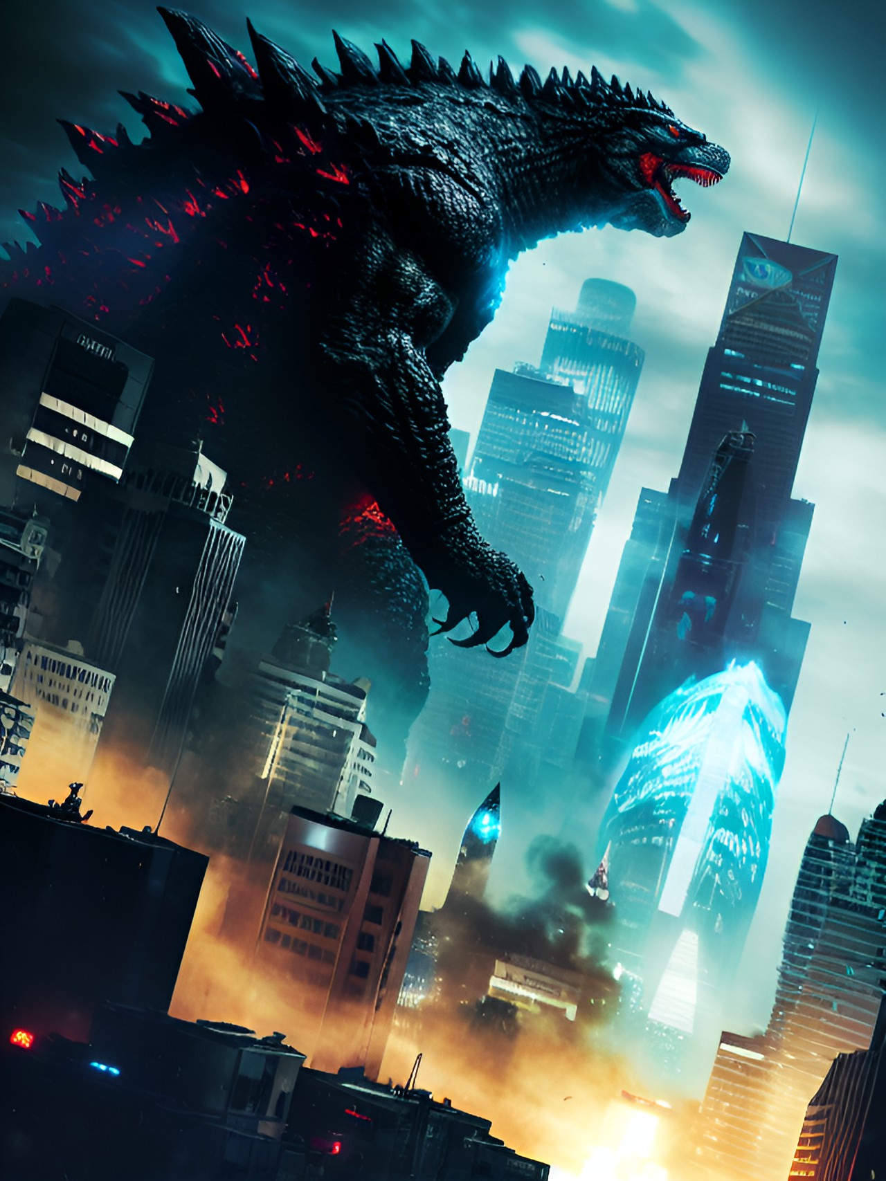 godzilla symbiote  - an enormous godzilla symbiote, towering over a demolished city, covered in slimy, oozing black tentacles, radiating an eerie blue glow, roaring with monstrous fury. preview