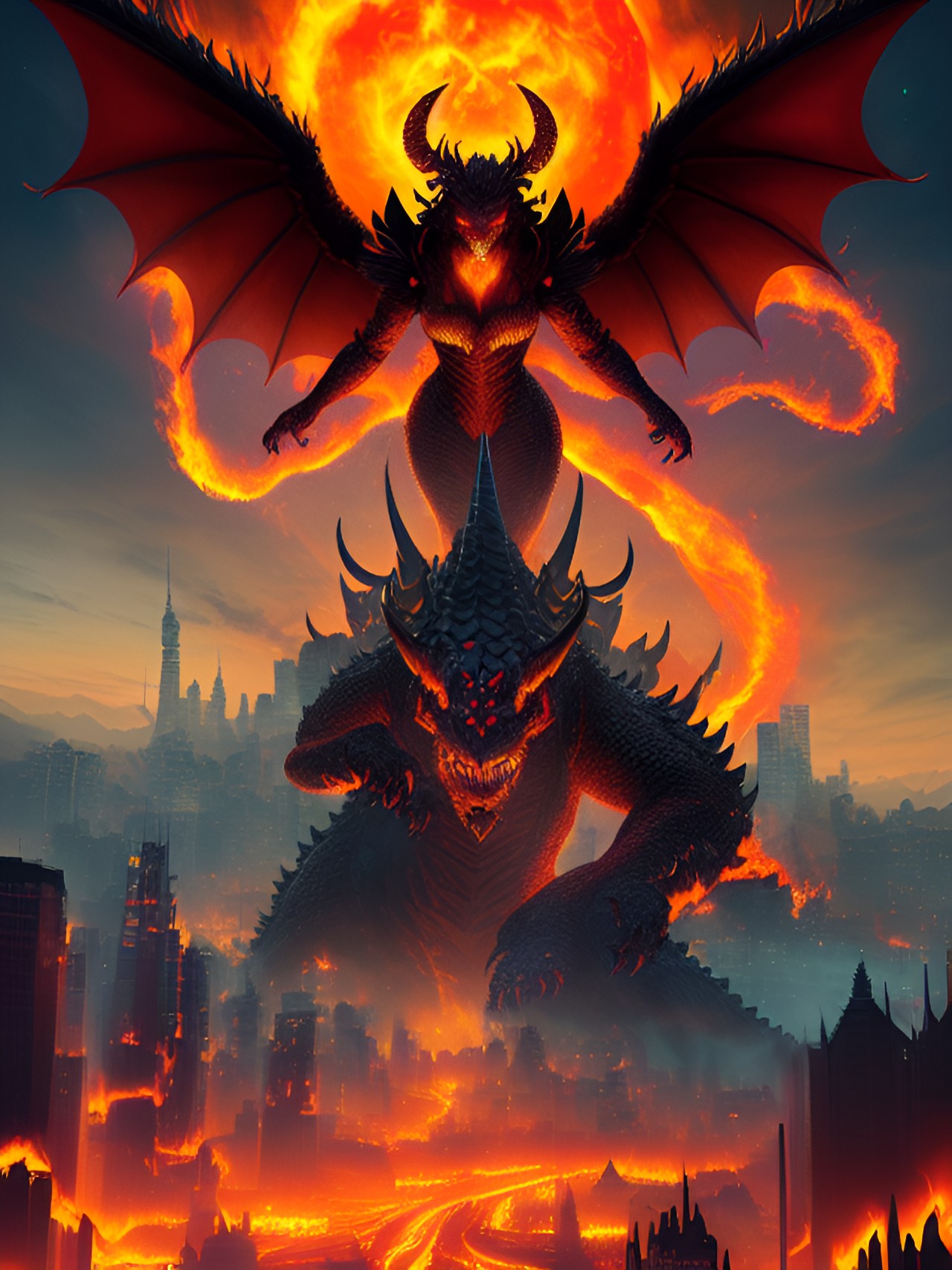 monstrous queen of the kaiju  - a colossal, fire-breathing, horned queen of the kaiju towering over a smoldering city skyline, her scaly wings spread wide, venomous fangs bared, and a menacing crown preview