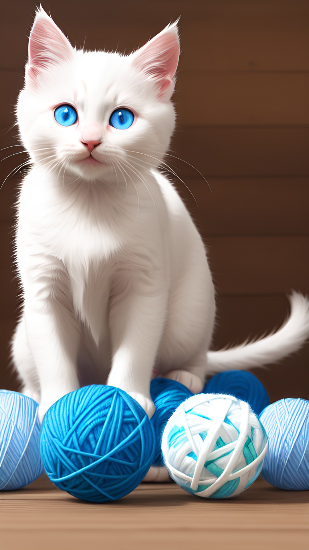 a white kitten with large blue eyes playing with a ball of yarn preview