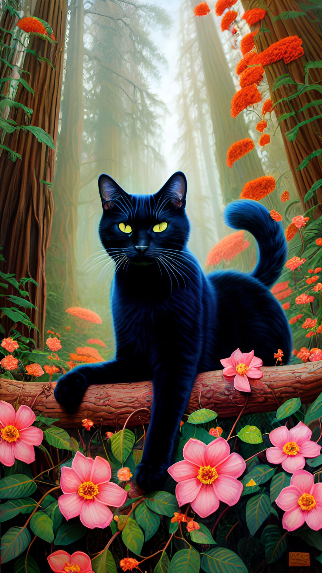 black cat in redwood forest with flowers preview