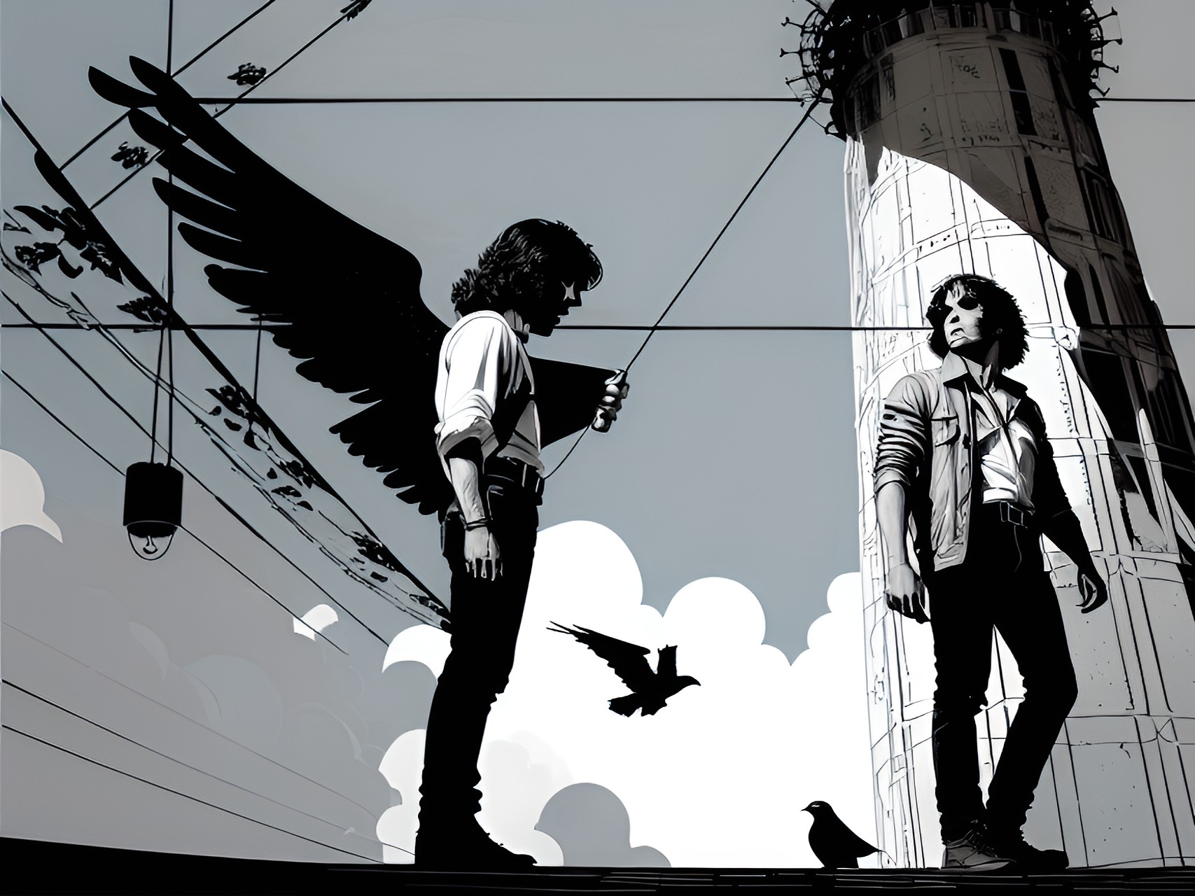 jim morrison & icarus standing in clockwork. aetheric adjusters. dramatic perspective. dramatic lighting. pen hatch on watercolor. vivid detail. lucid. being. preview