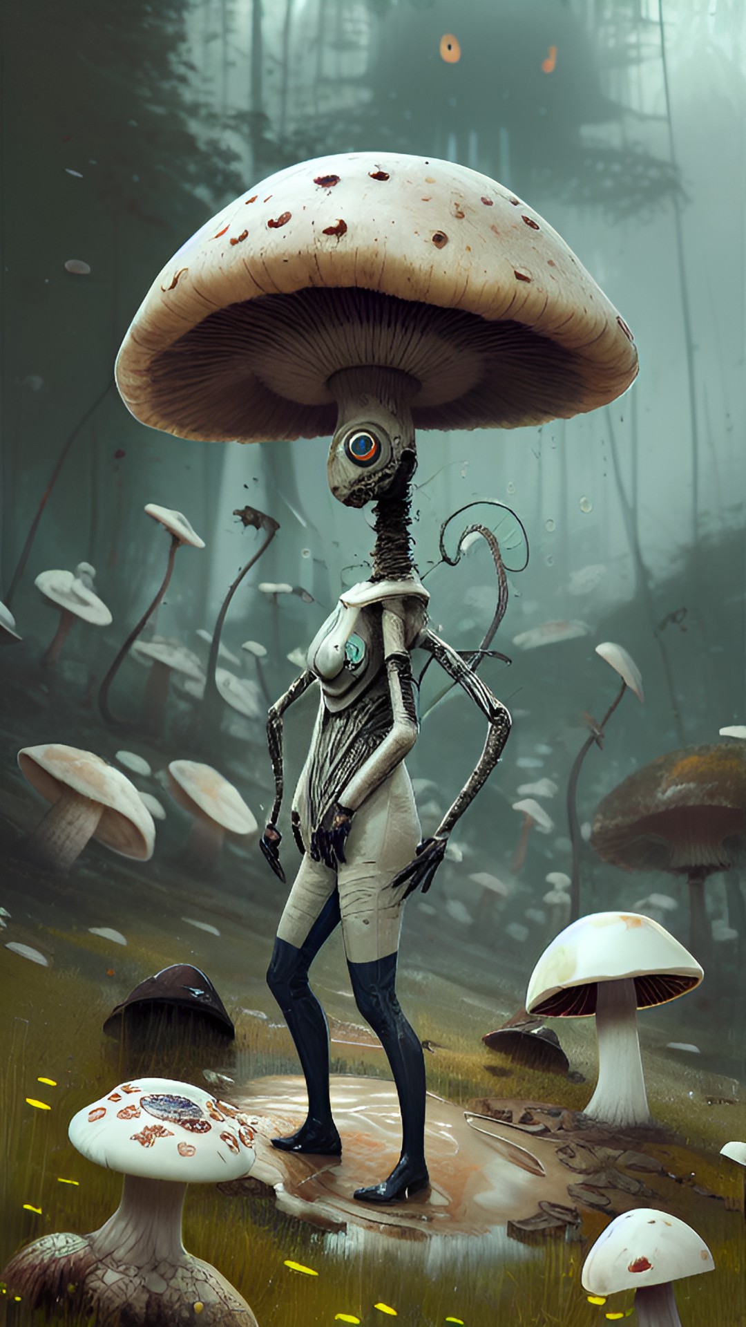 a antromorph mushroom character wear suit, by tim burton,close up$chromatic aberation$ on snail lake preview