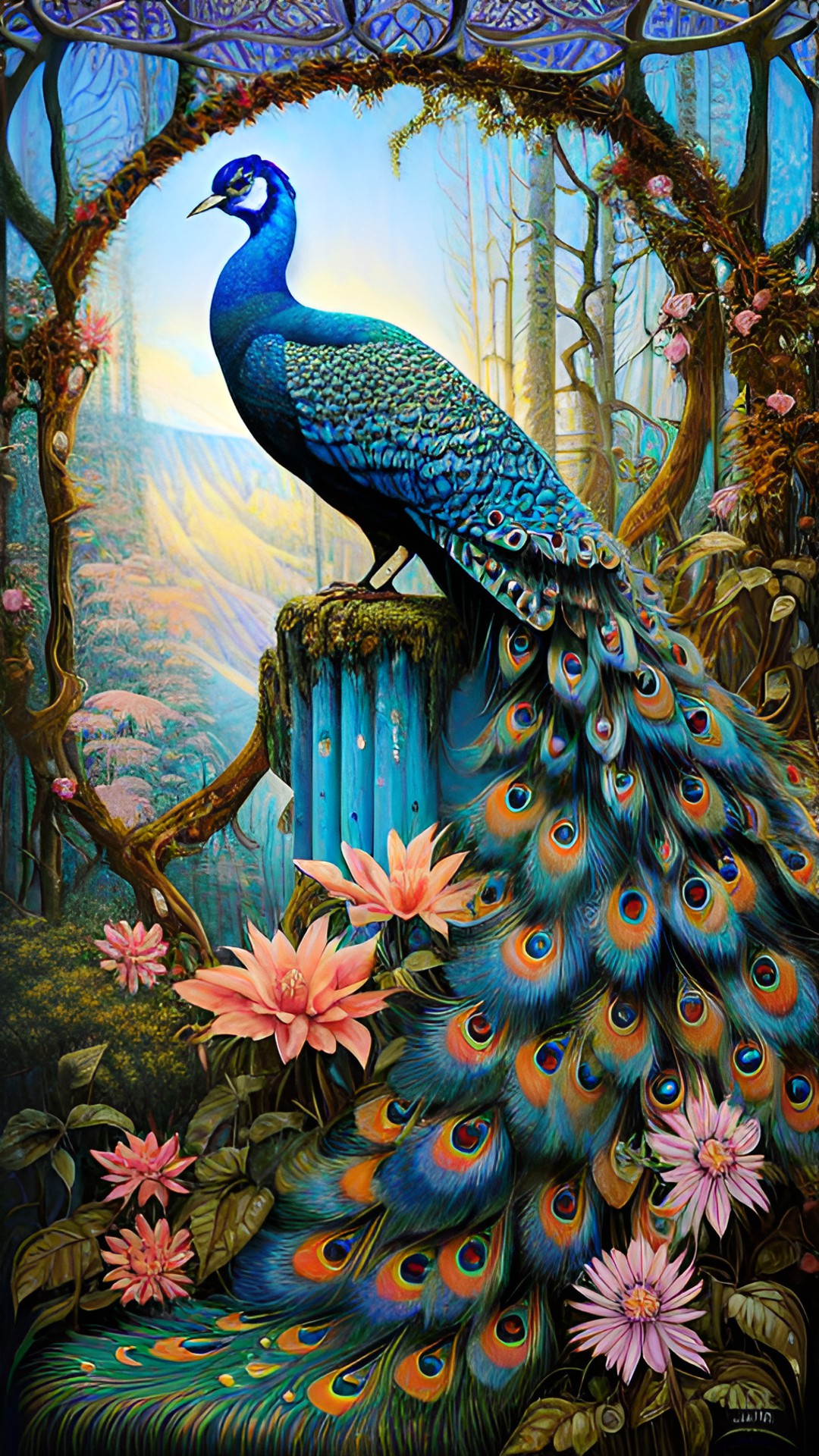 human woman peacock hybrid, alpine forest preview