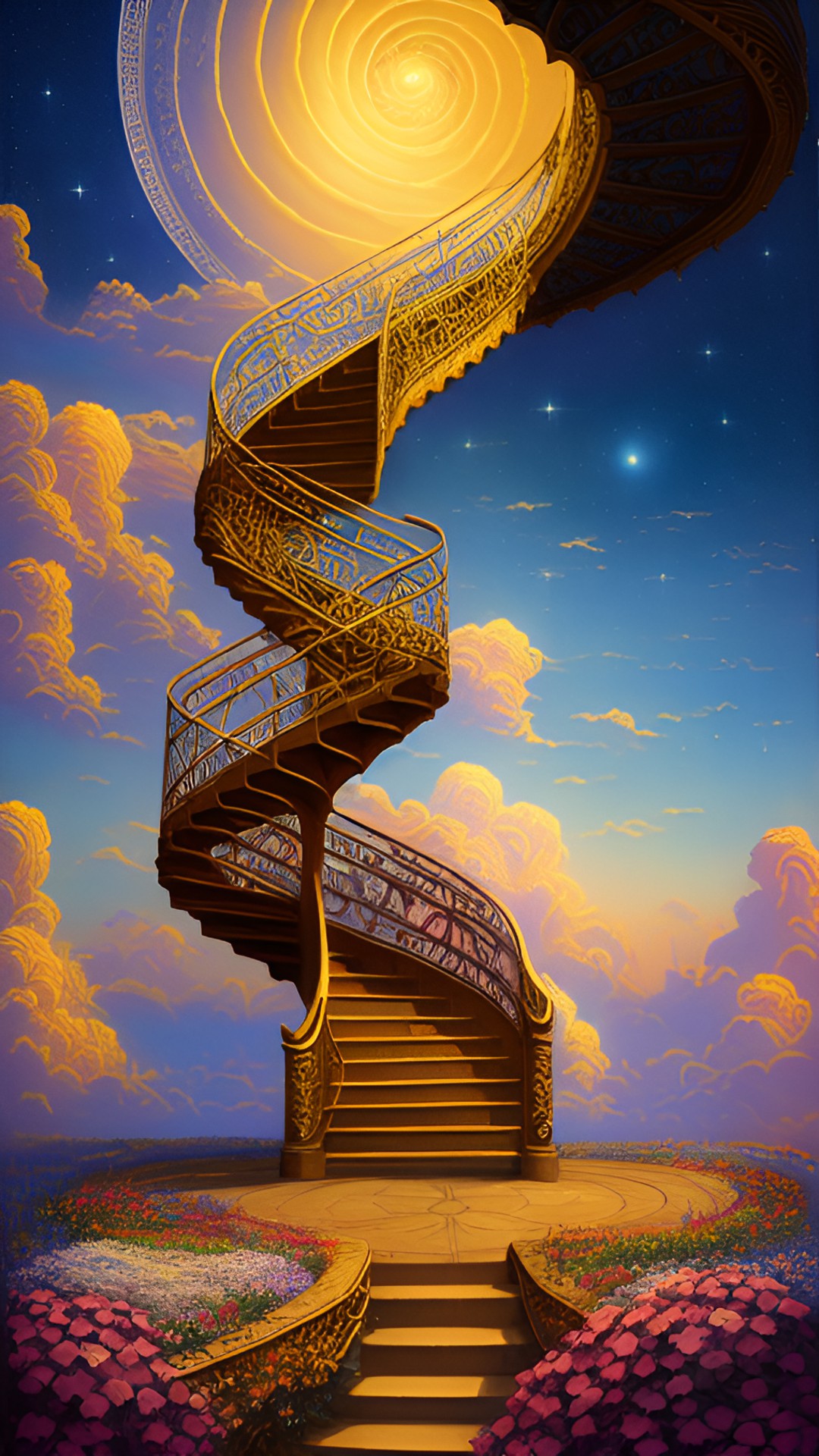 stairway to heaven - a majestic spiral staircase leading up to the clouds, adorned with golden railings and surrounded by blooming celestial flowers." preview