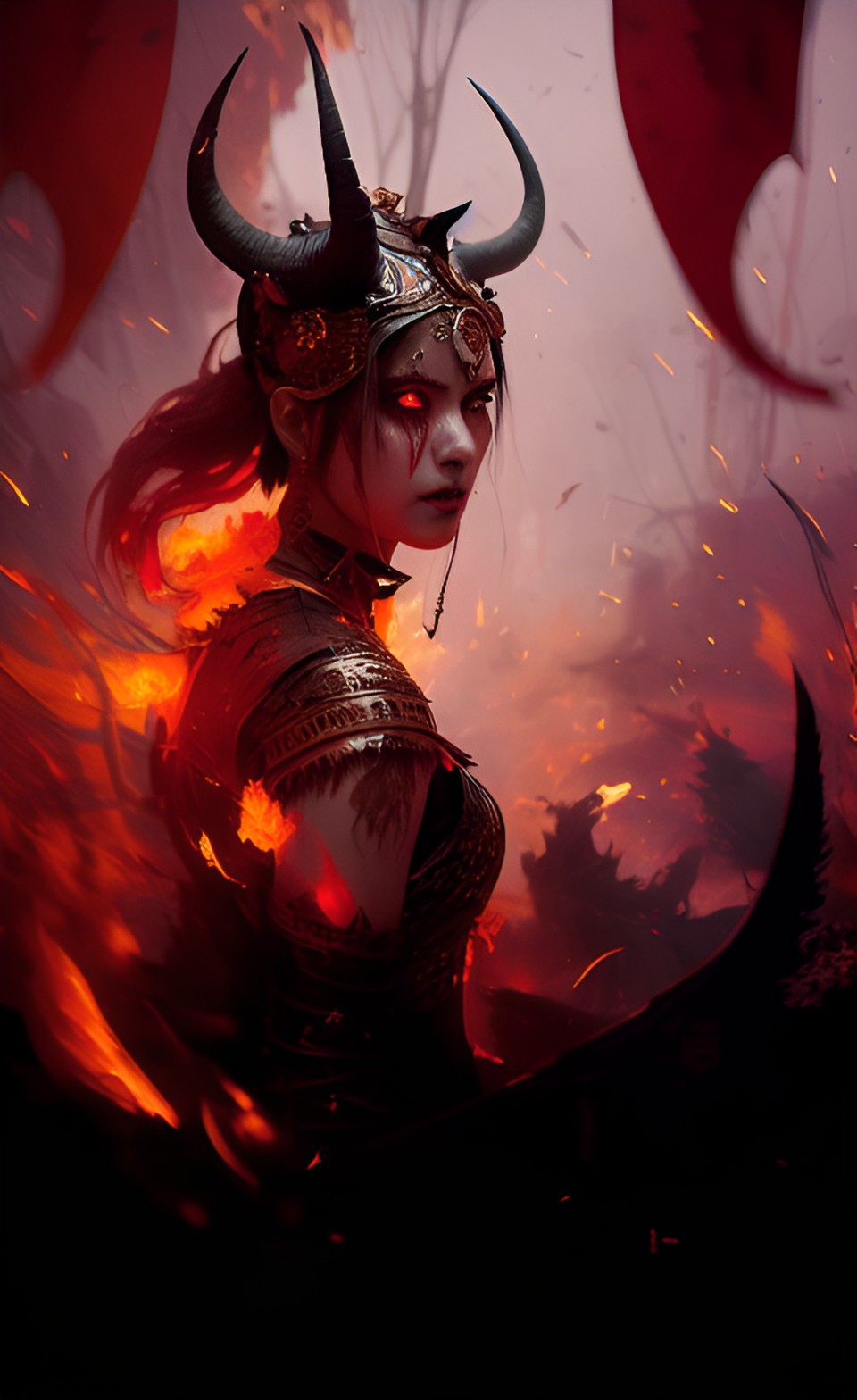 the portrait of ancient demoness godlike princess in fire with blood on her face and long black horns preview