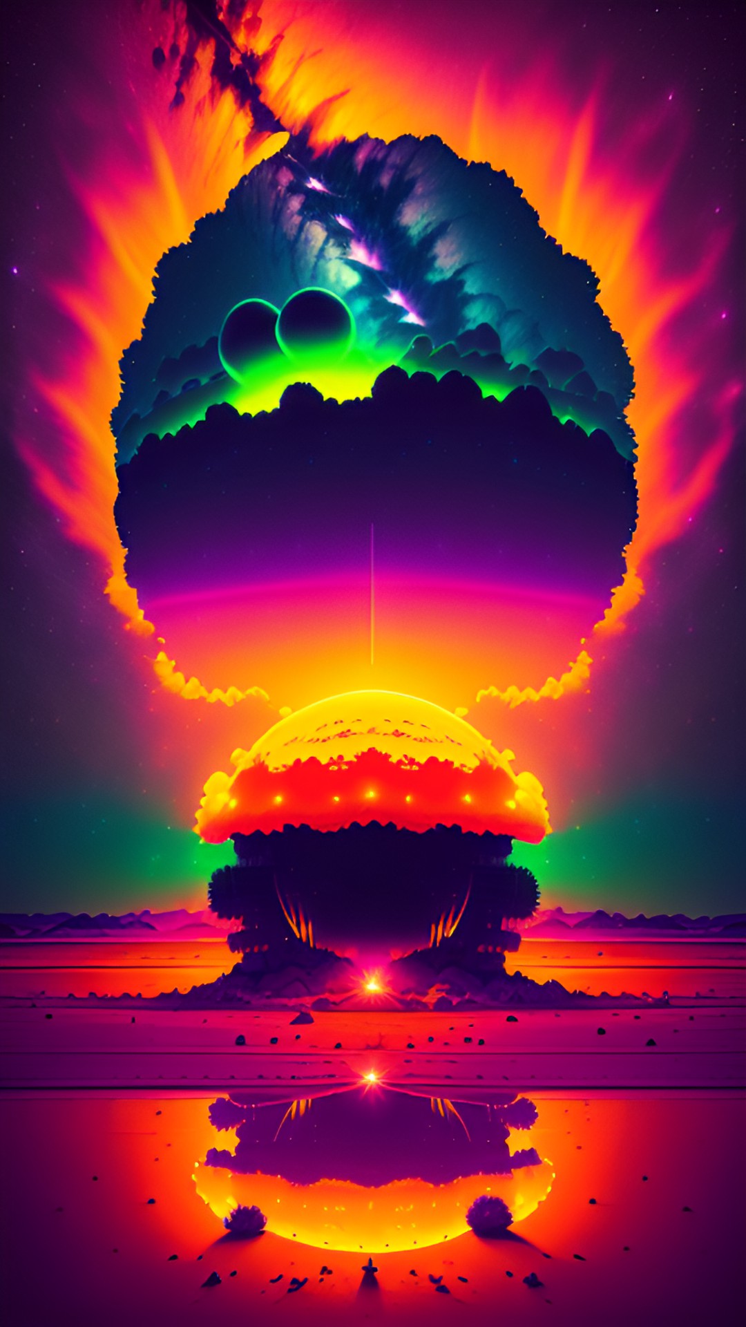 neon colors nuclear explosion in the desert at night preview